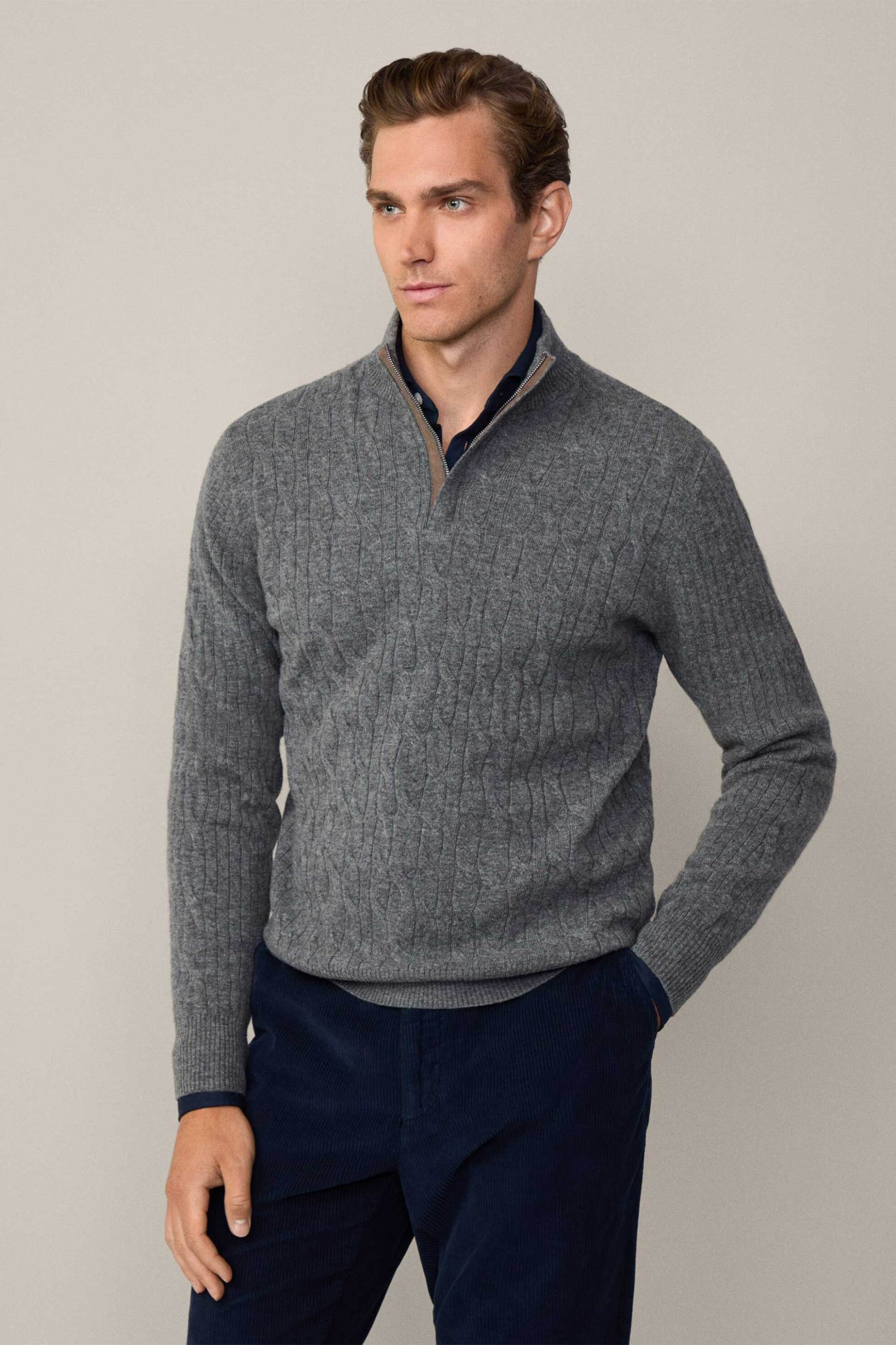 Hackett ανδρική μάλλινη πλεκτή μπλούζα με ψηλό λαιμό και φερμουάρ 1/2 - HM703242 Γκρι