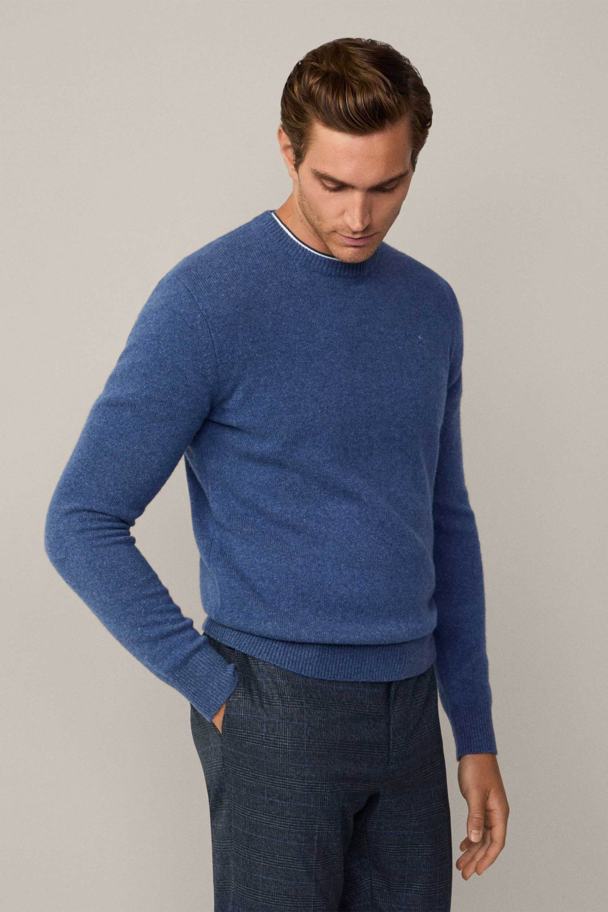 Hackett ανδρική μάλλινη πλεκτή μπλούζα μονόχρωμη με κεντημένο λογότυπο - HM703237 Μπλε Ανοιχτό