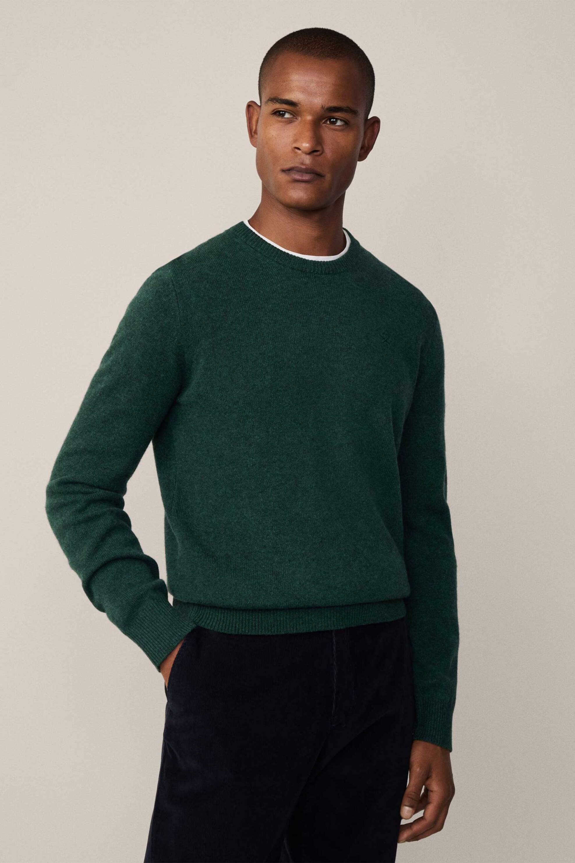 Hackett ανδρική μάλλινη πλεκτή μπλούζα μονόχρωμη με κεντημένο λογότυπο - HM703237 Πράσινο Σκούρο