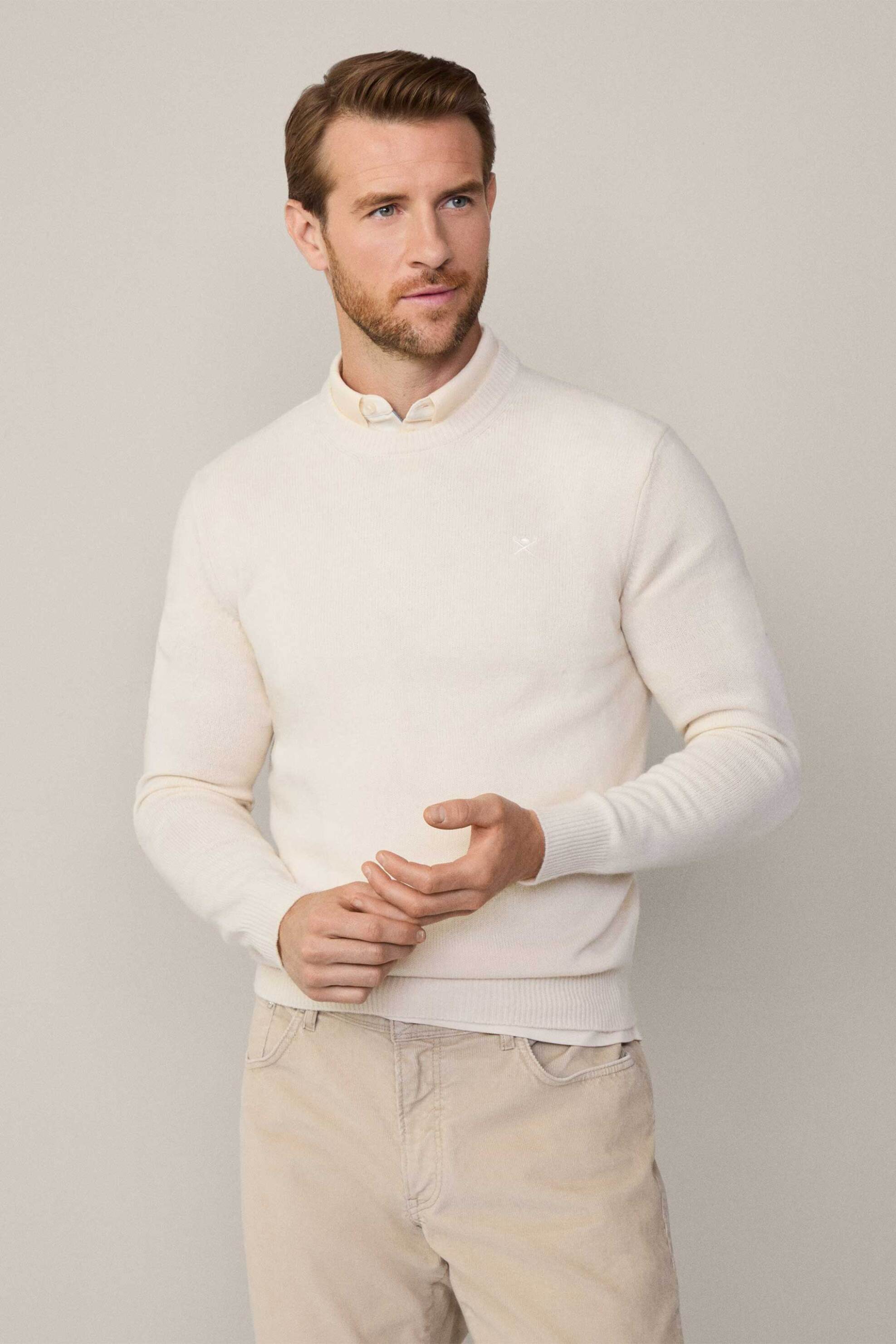 Hackett ανδρική μάλλινη πλεκτή μπλούζα μονόχρωμη με κεντημένο λογότυπο - HM703237 Λευκό