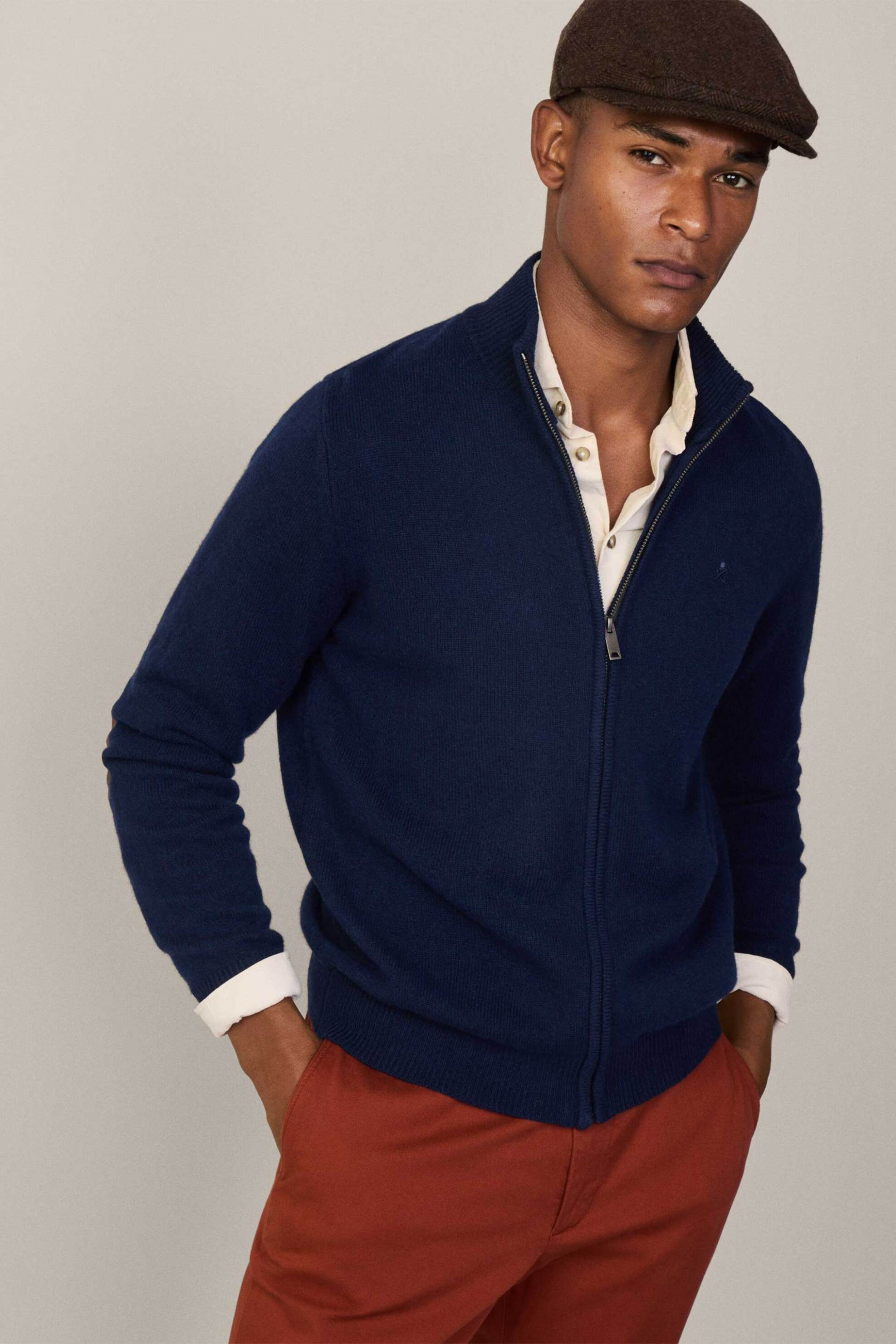 Hackett ανδρική μάλλινη πλεκτή ζακέτα μονόχρωμη - HM703238 Μπλε Σκούρο