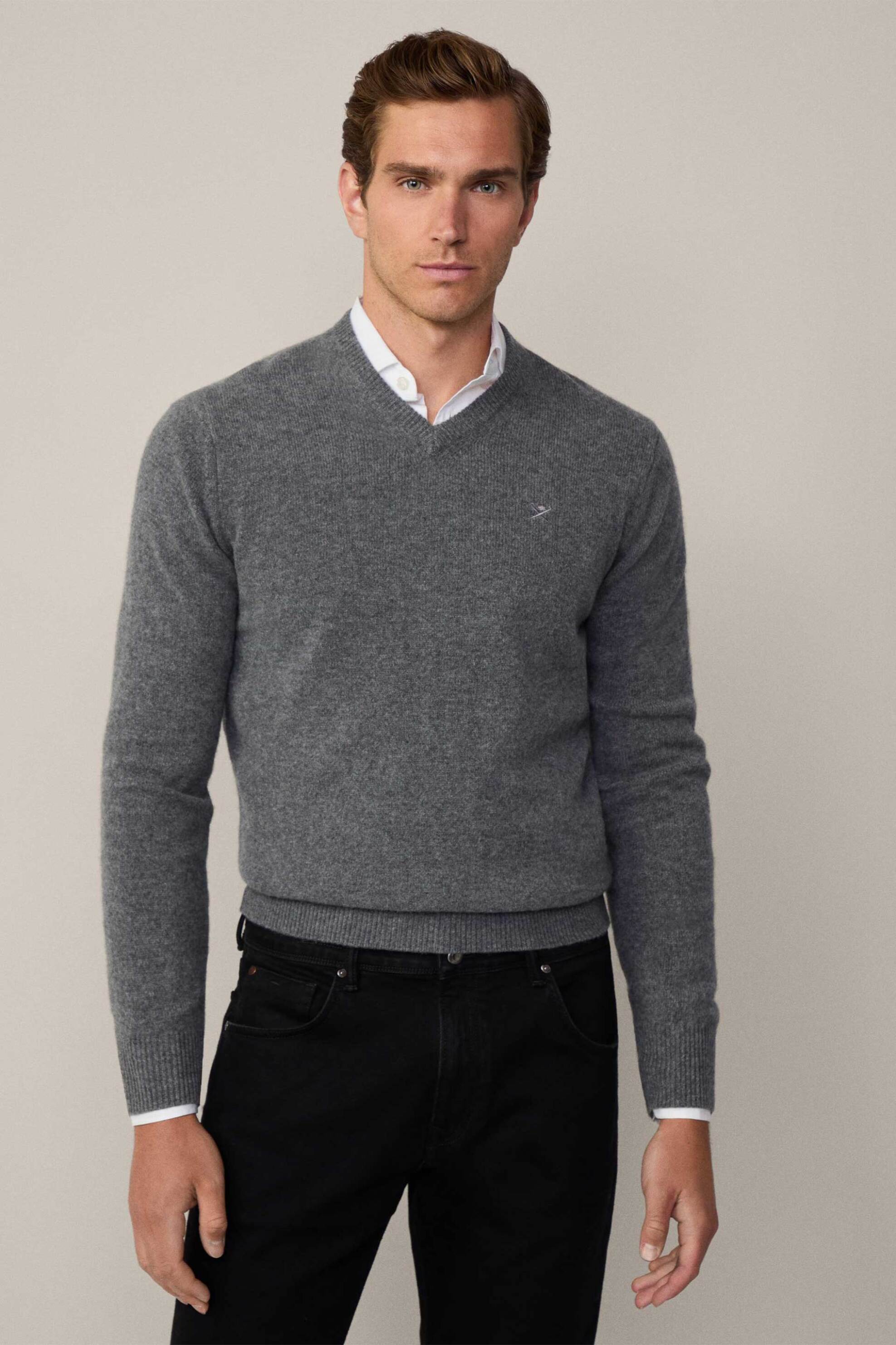 Hackett ανδρική μάλλινη πλεκτή μπλούζα με V λαιμόκοψη - HM703240 Γκρι