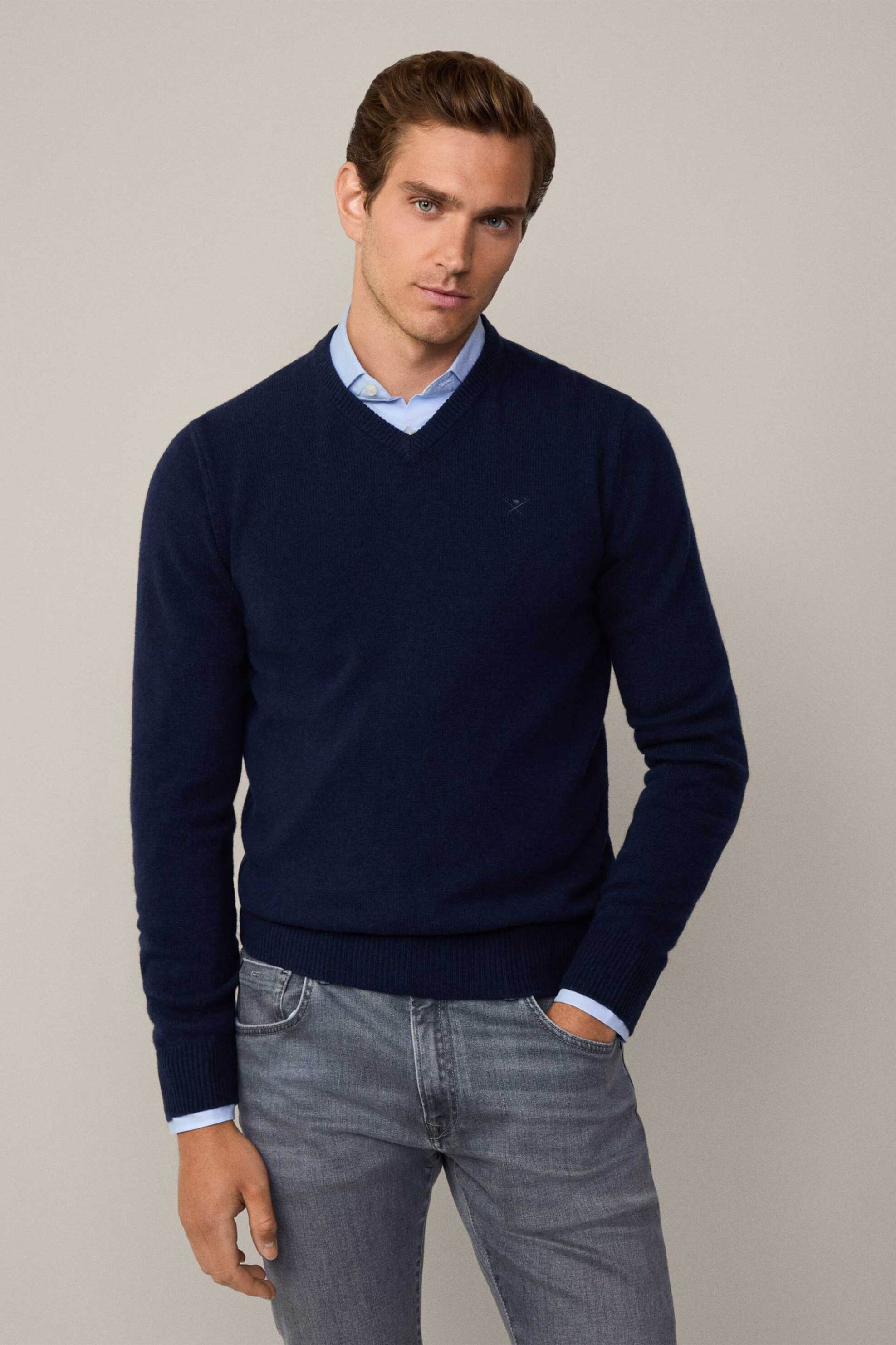 Hackett ανδρική μάλλινη πλεκτή μπλούζα με V λαιμόκοψη - HM703240 Μπλε Σκούρο