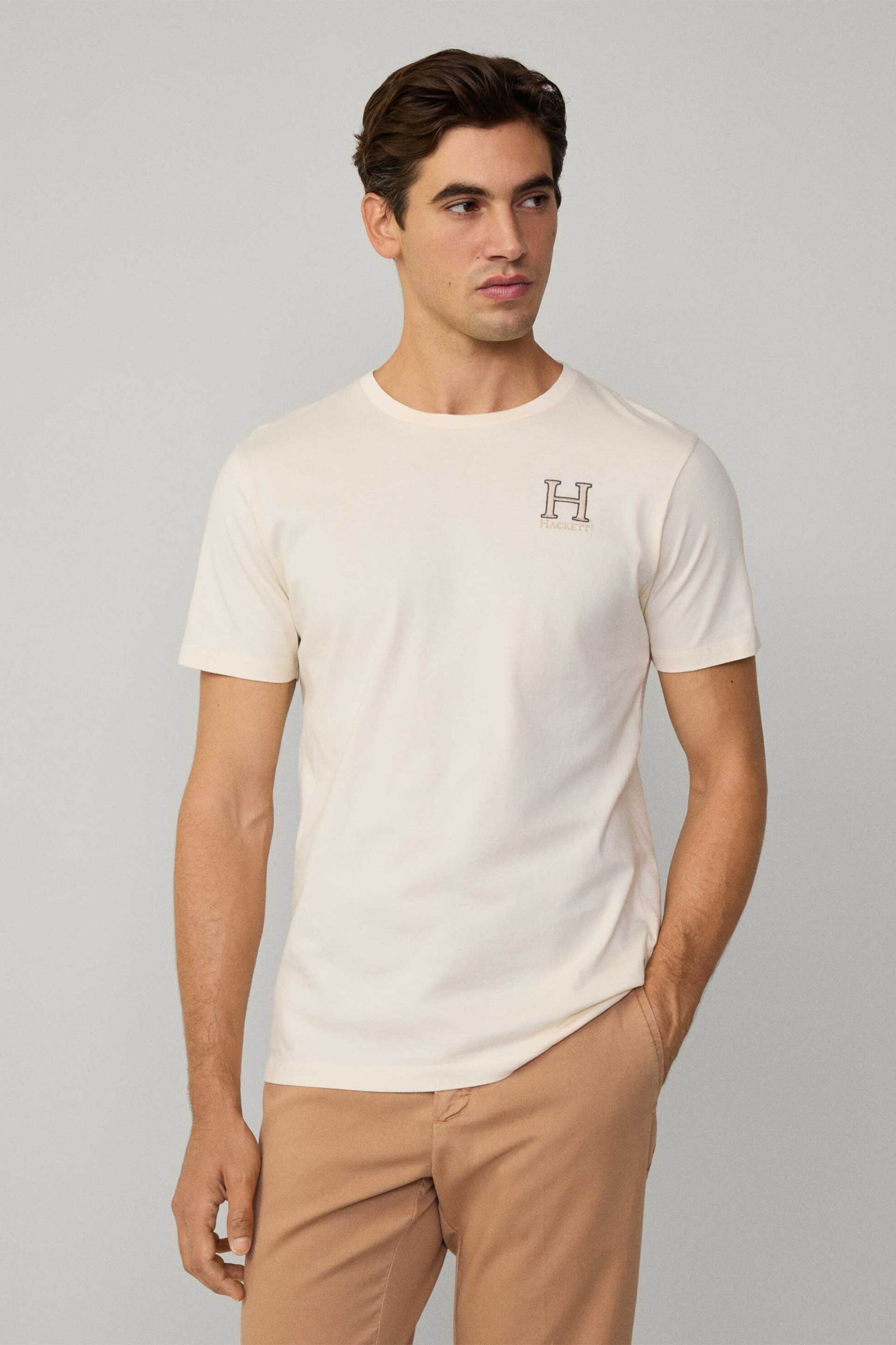 Hackett ανδρικό T-shirt με κεντημένο λογότυπο Classic Fit - HM500858 Εκρού