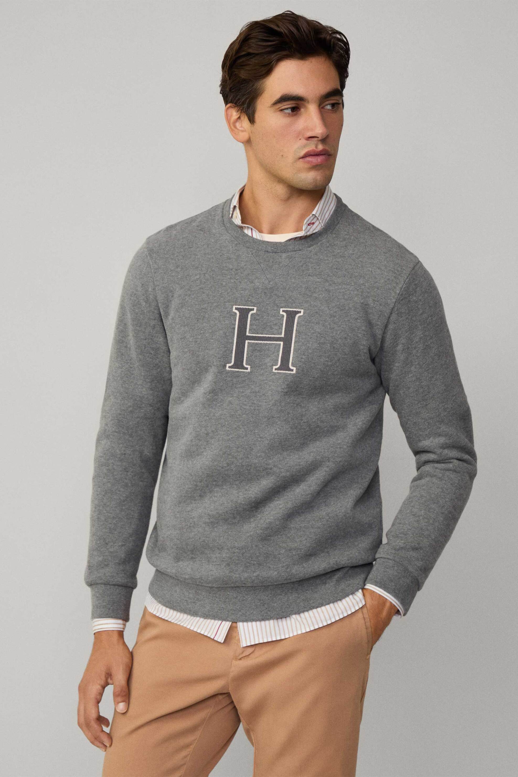 Hackett ανδρική μπλούζα φούτερ με κεντημένο monogram - HM581311 Γκρι