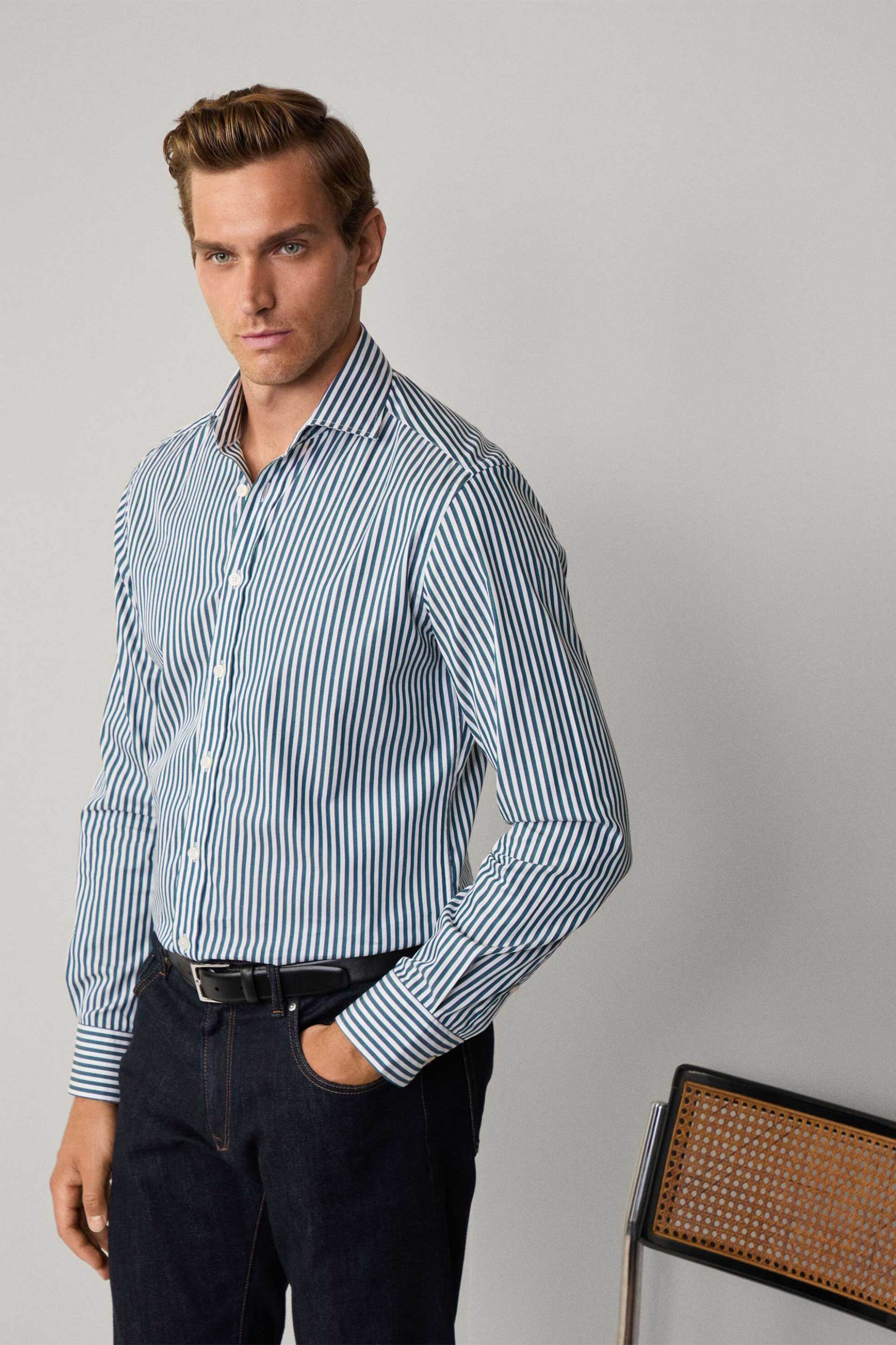 Hackett ανδρικό πουκάμισο με ριγέ σχέδιο Tailored Fit - HM3010273 Πράσινο