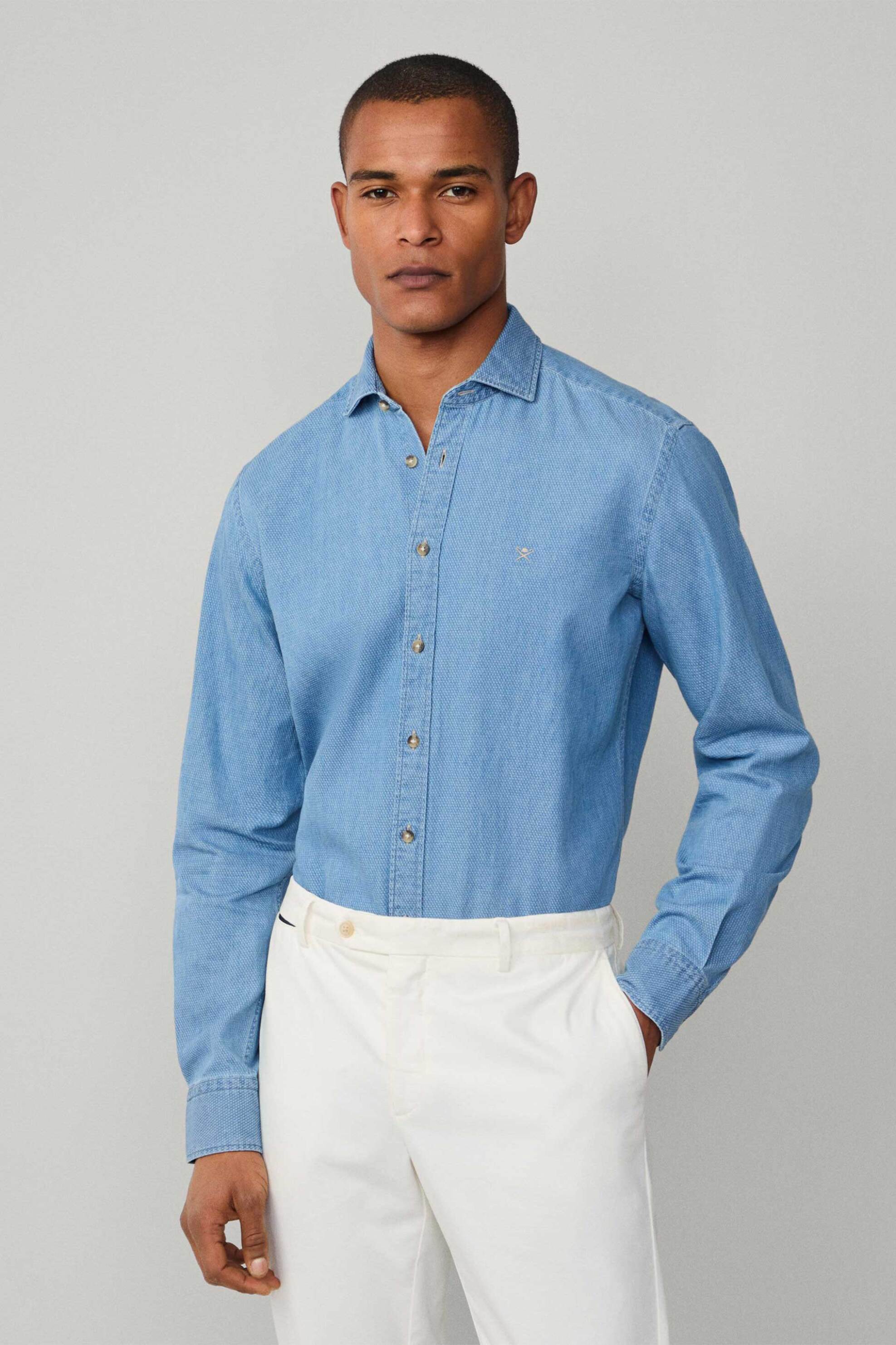 Hackett ανδρικό πουκάμισο textured με κεντημένο λογότυπο Tailored Fit - HM3010354 Μπλε Ανοιχτό