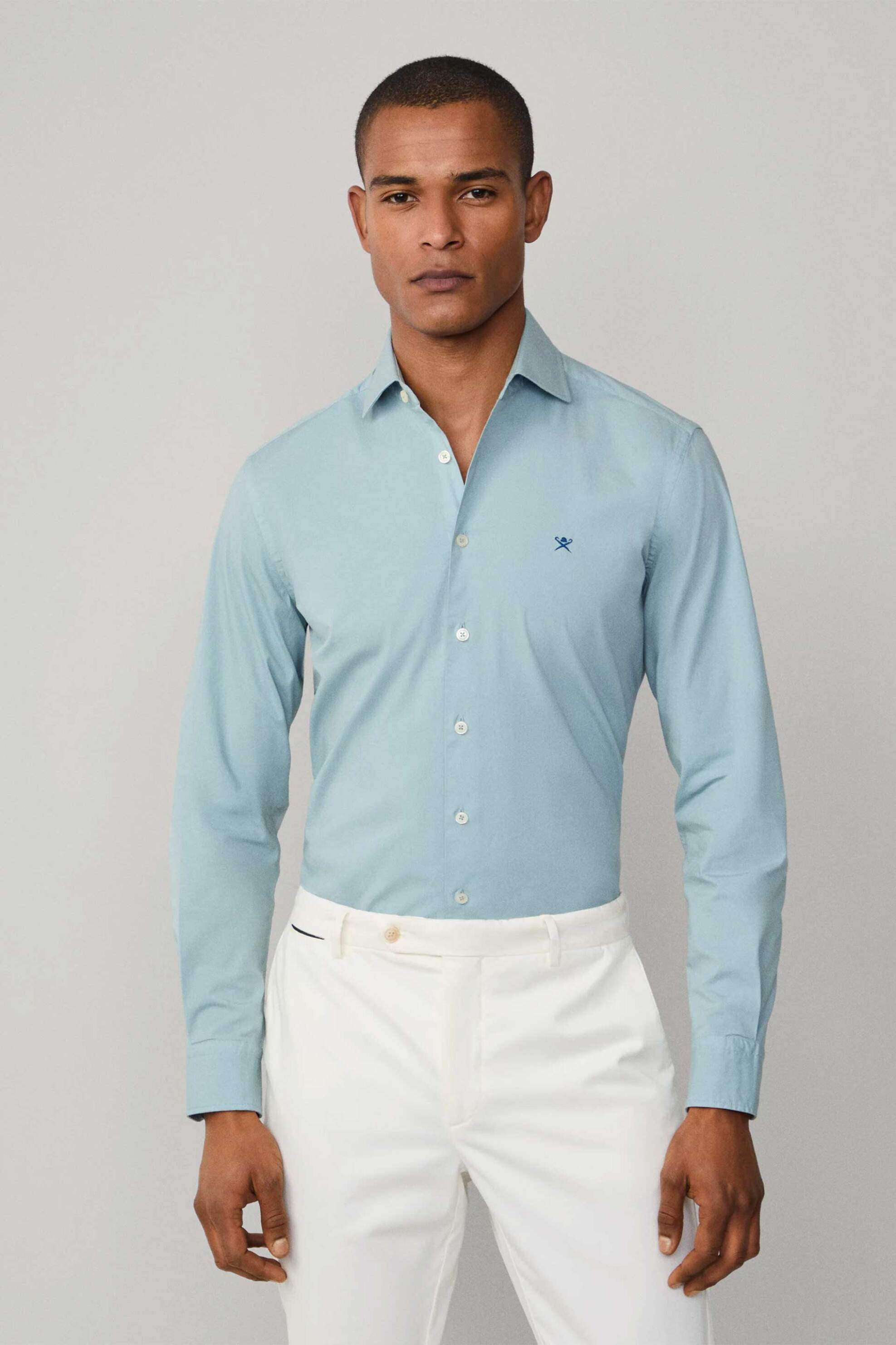 Hackett ανδρικό πουκάμισο poplin με κεντημένο λογότυπο Tailored Fit - HM3010359 Σιελ