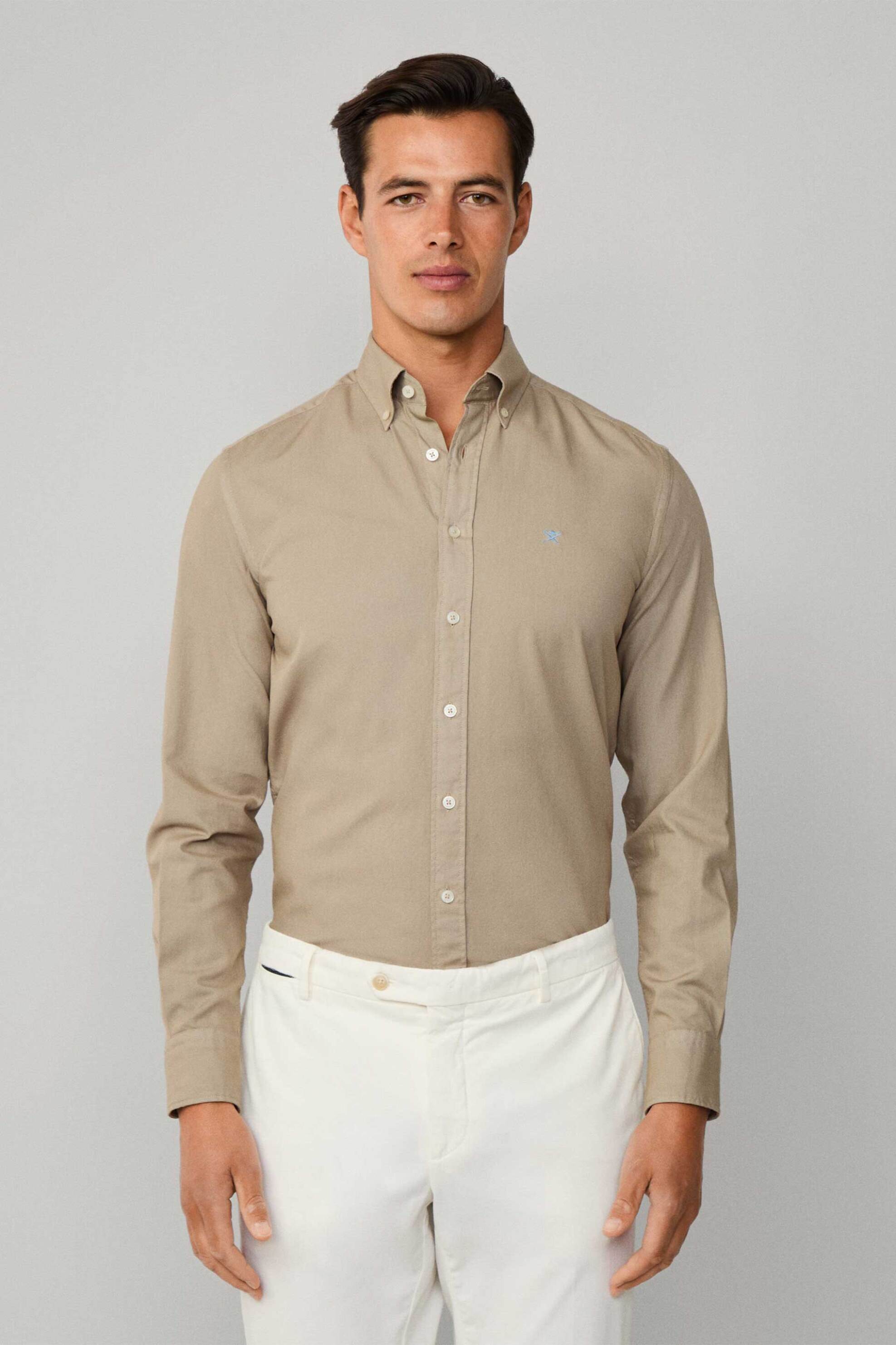 Hackett ανδρικό πουκάμισο μονόχρωμο με λογότυπο Tailored Fit - HM3010508 Μπεζ