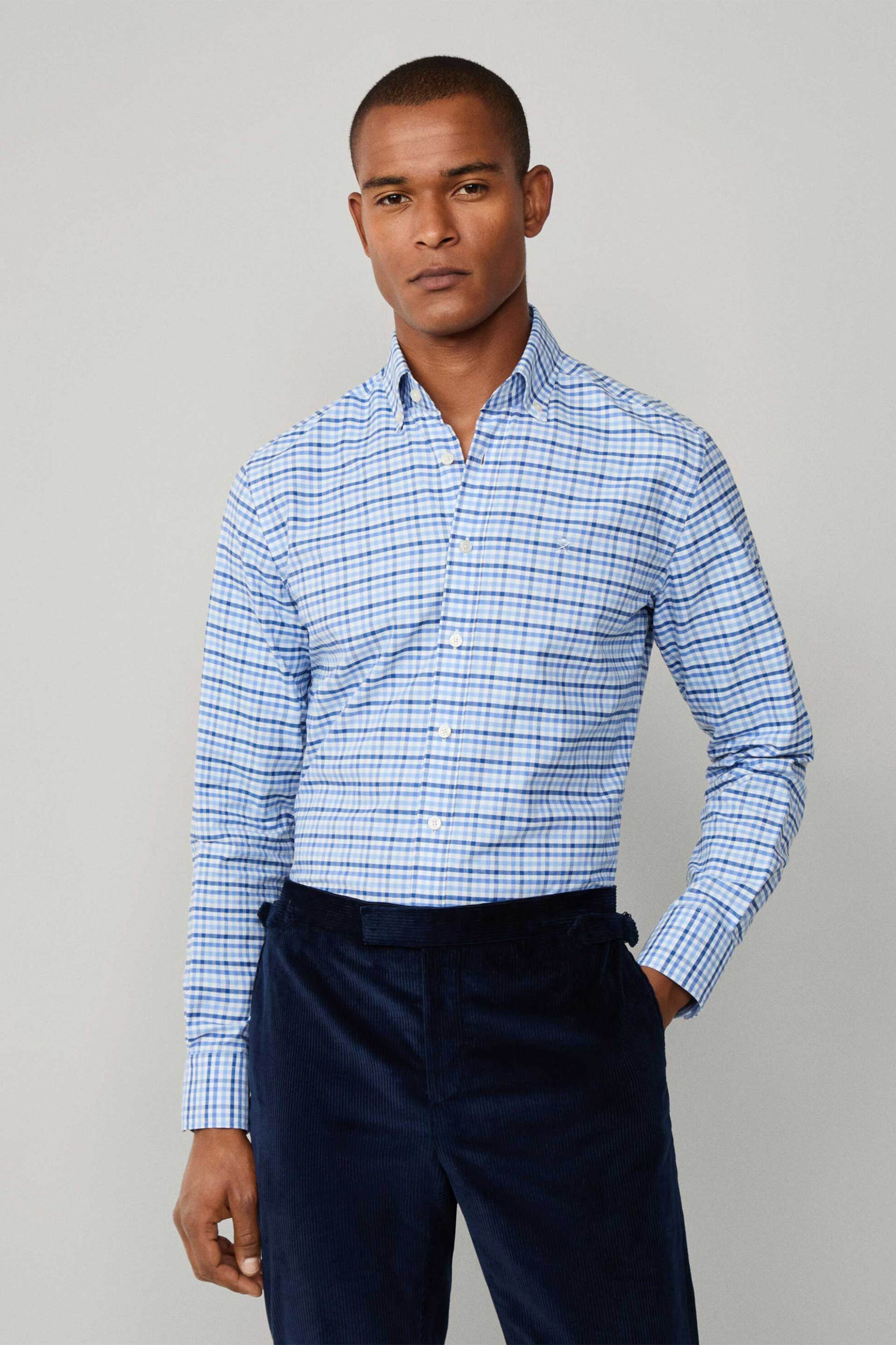 Hackett ανδρικό πουκάμισο button down με καρό σχέδιο και κεντημένο λογότυπο Tailored Fit - HM3010512 Μπλε Ανοιχτό