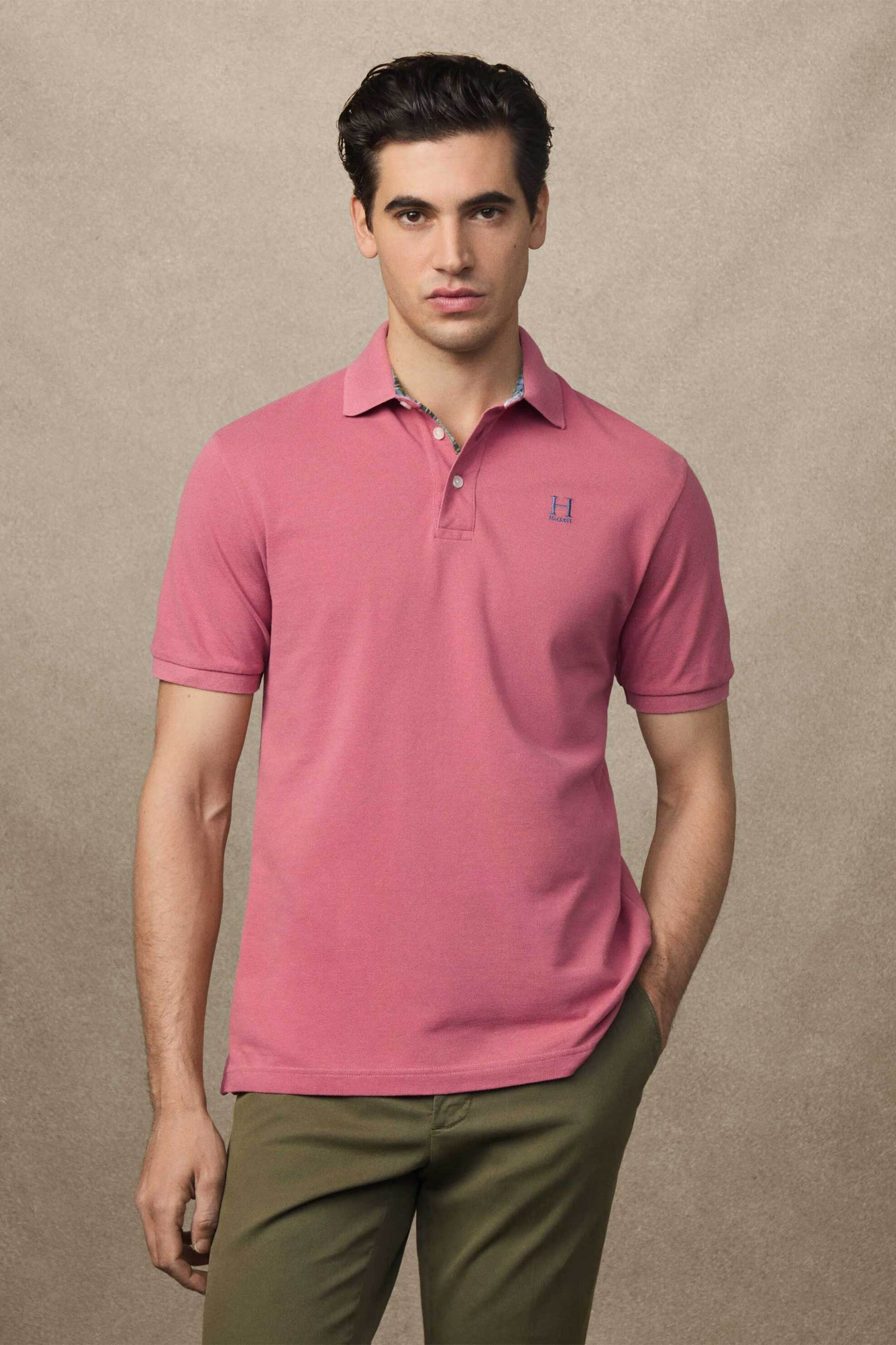 Hackett ανδρική μπλούζα πόλο πικέ με κεντημένο monogram Classic Fit - HM5600001 Ροζ