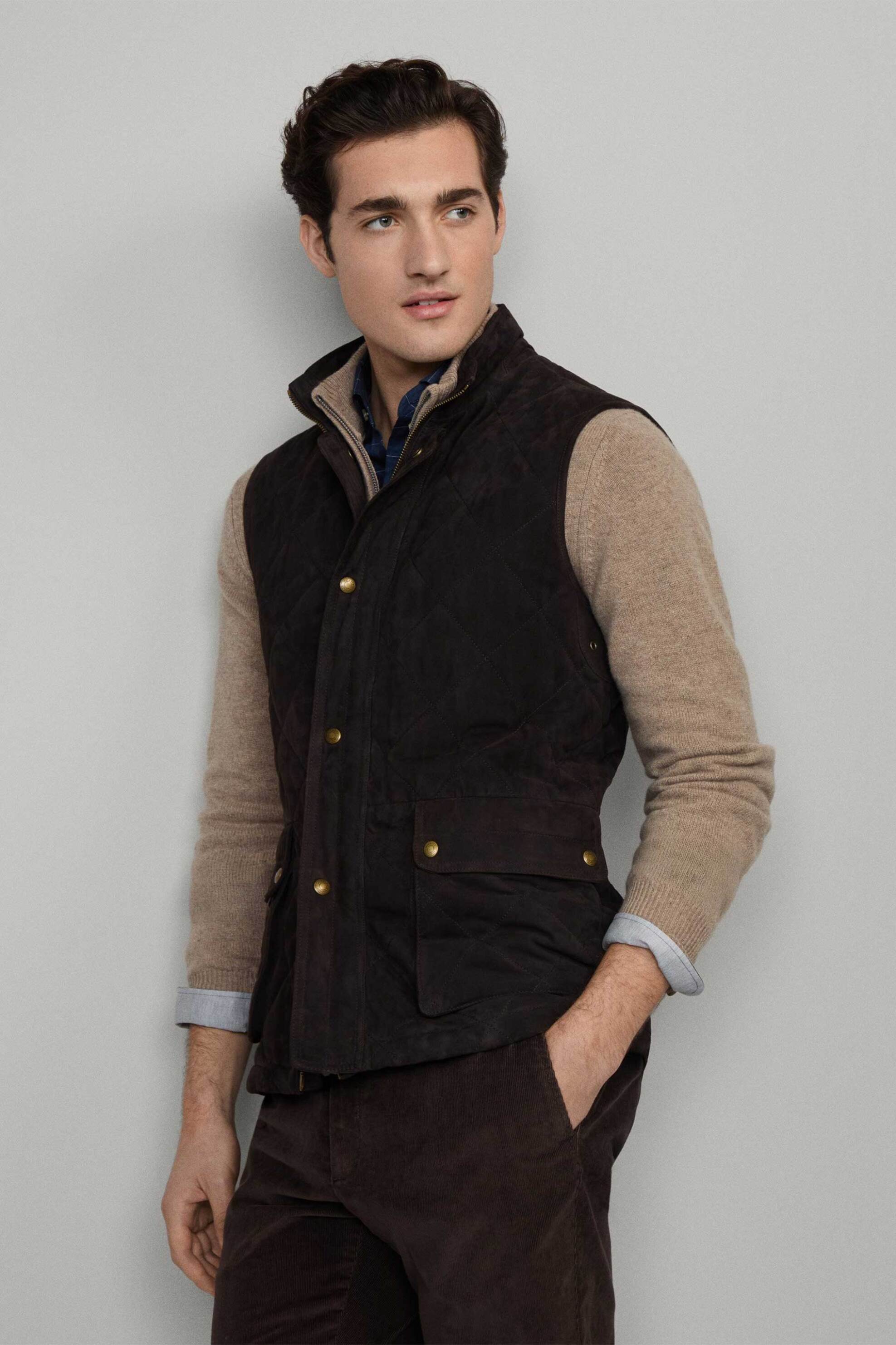 Hackett ανδρικό suede γιλέκο με καρό σχέδιο - HM4000037 Καφέ