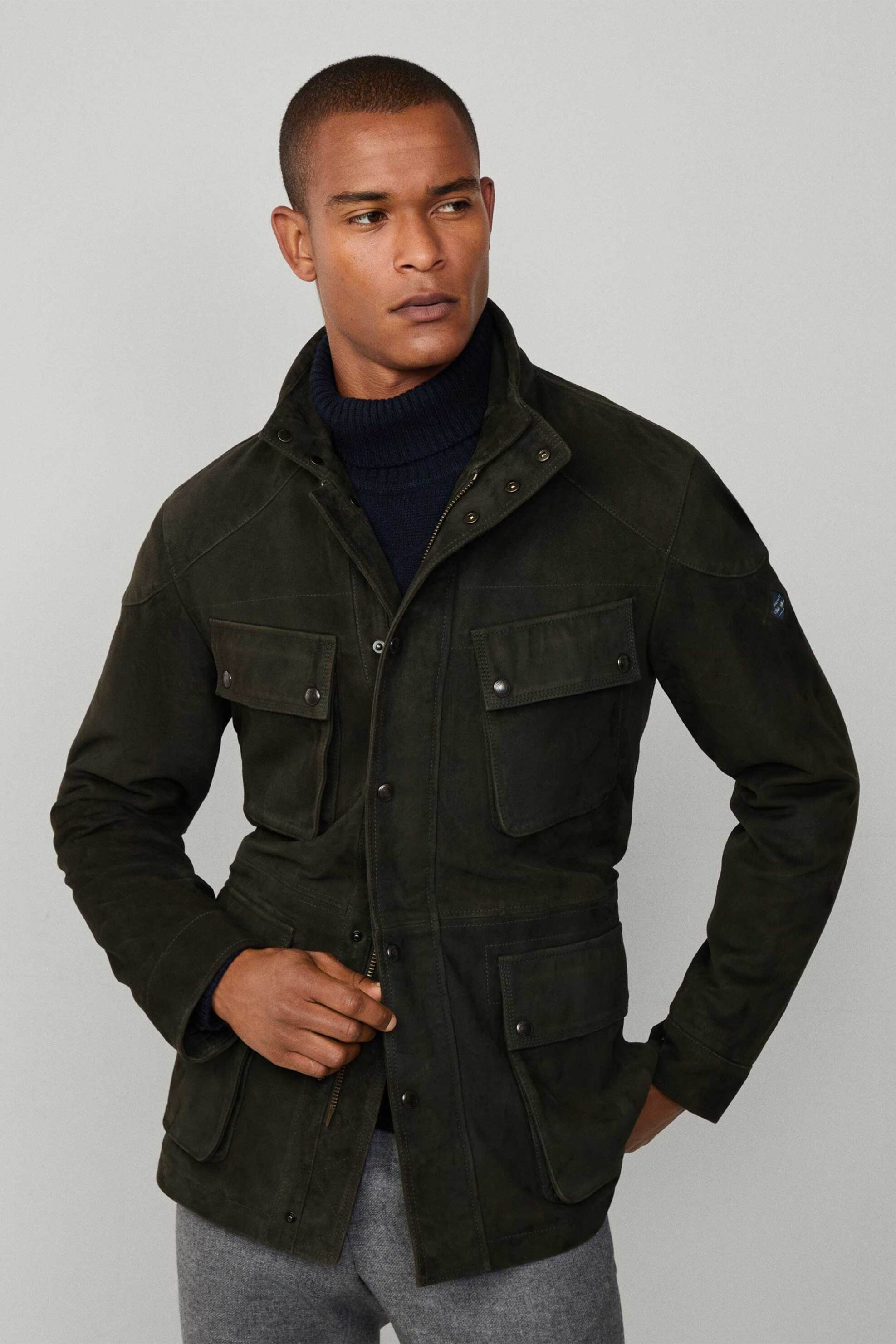 Hackett ανδρικό suede μπουφάν με τσέπες και ψηλό λαιμό - HM4000038 Πράσινο Σκούρο