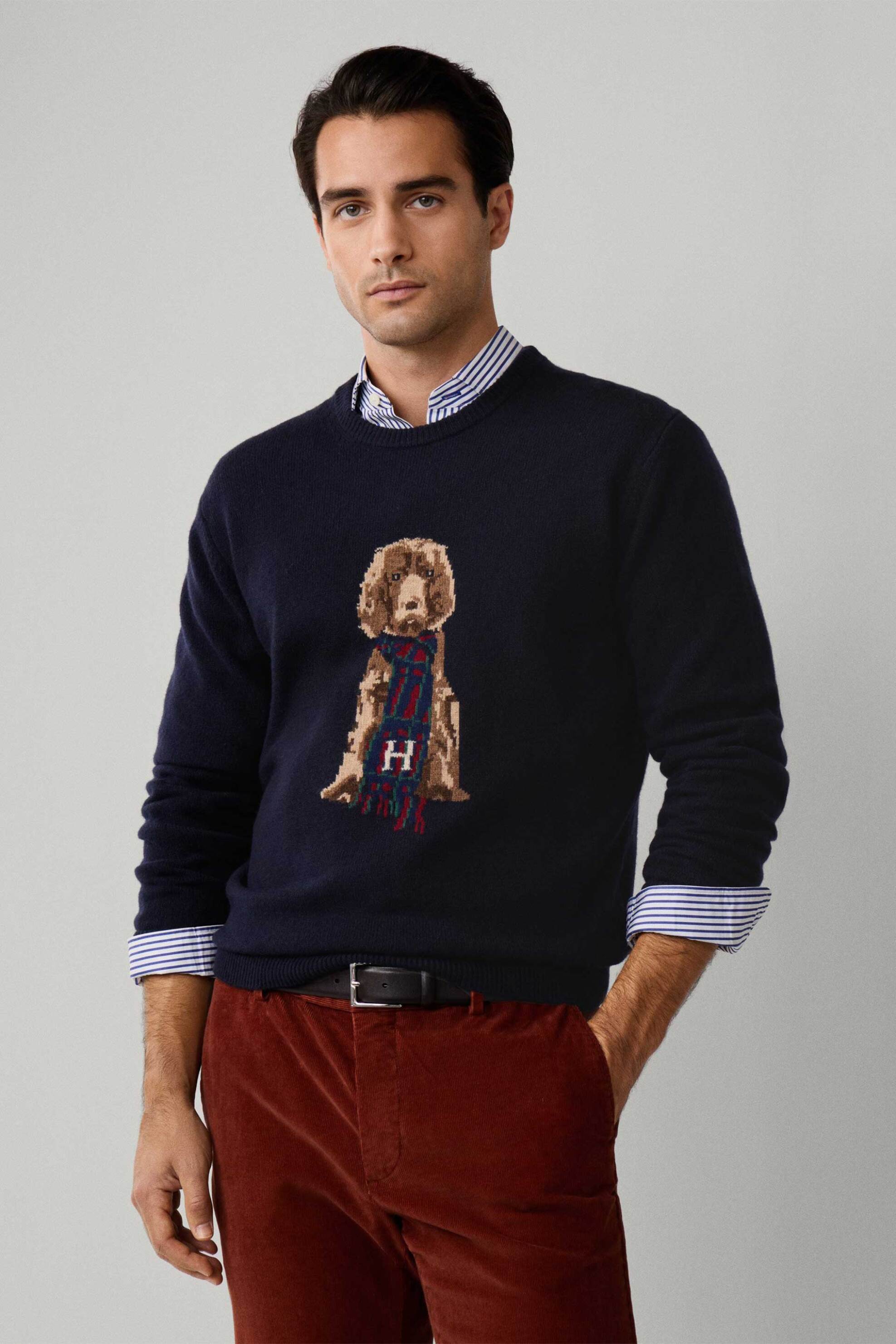 Hackett ανδρικό μάλλινο πουλόβερ με logo print "Merino" - HM7000051 Μπλε Σκούρο