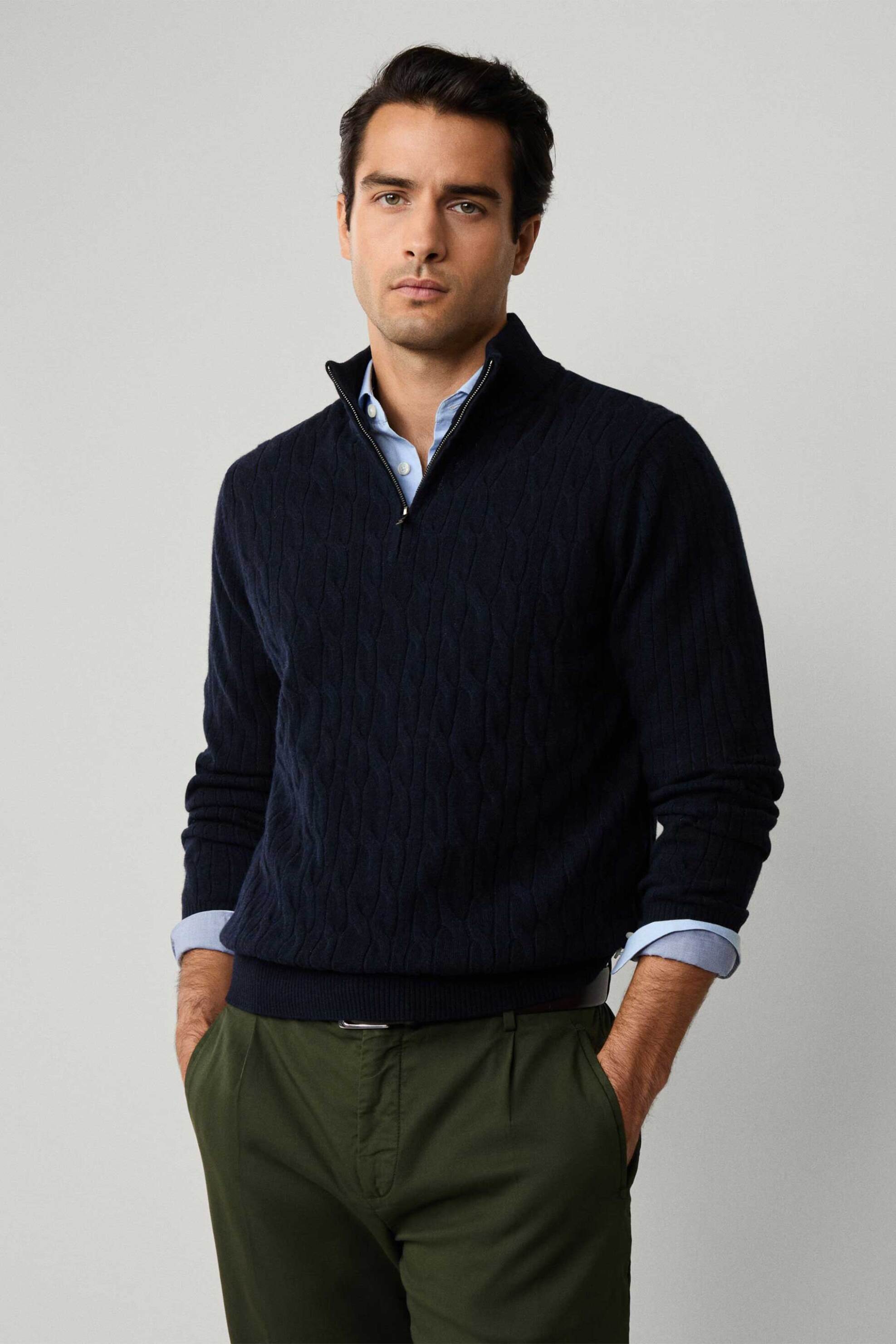 HACKETT Hackett ανδρικό μάλλινο πουλόβερ με σχέδιο στην πλέξη με ψηλό λαιμό Regular Fit - HM7000080 Μπλε Σκούρο