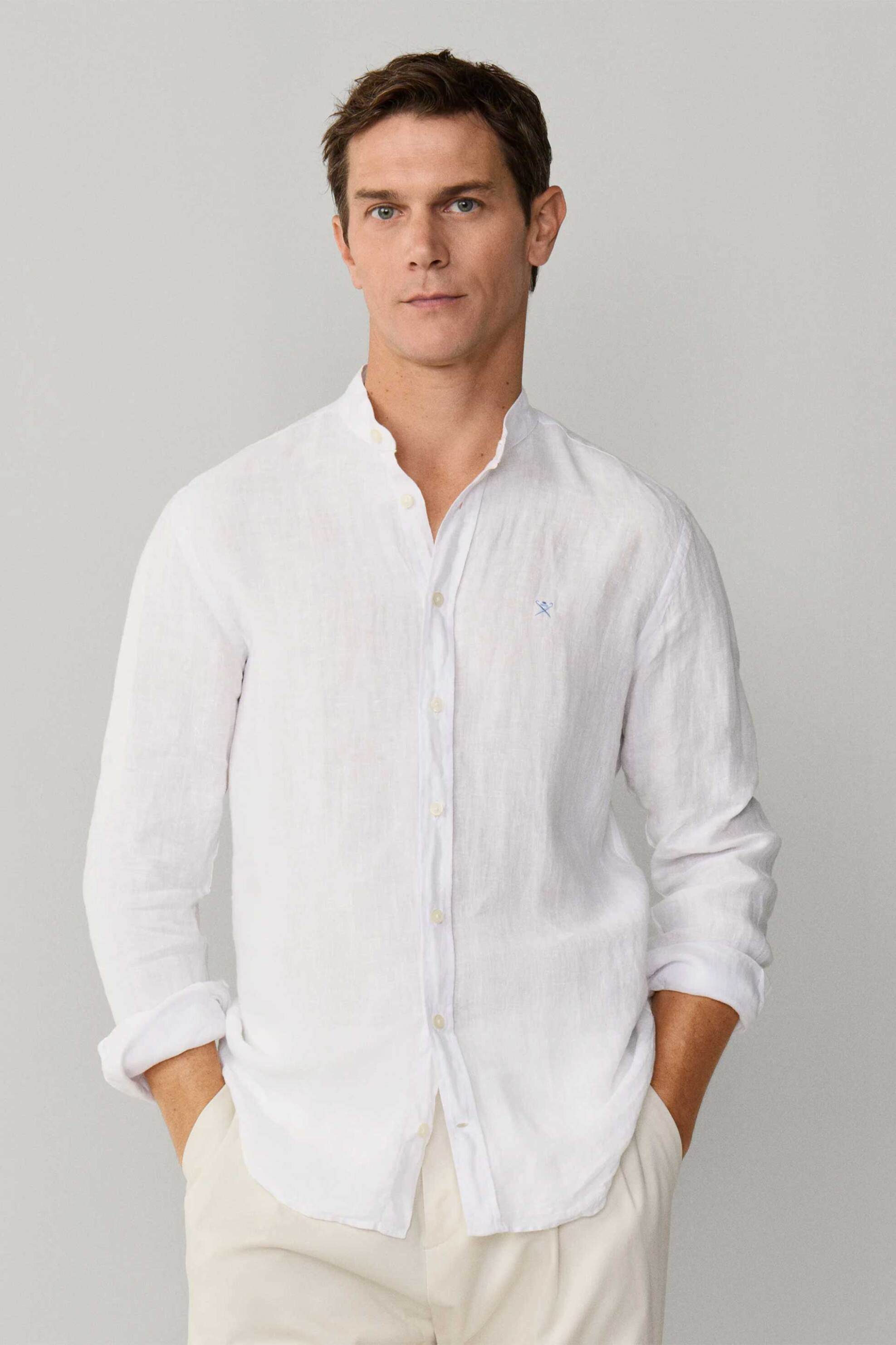 Hackett ανδρικό λινό πουκάμισο μάο με κεντημένο λογότυπο Tailored Fit - HM3010632 Λευκό