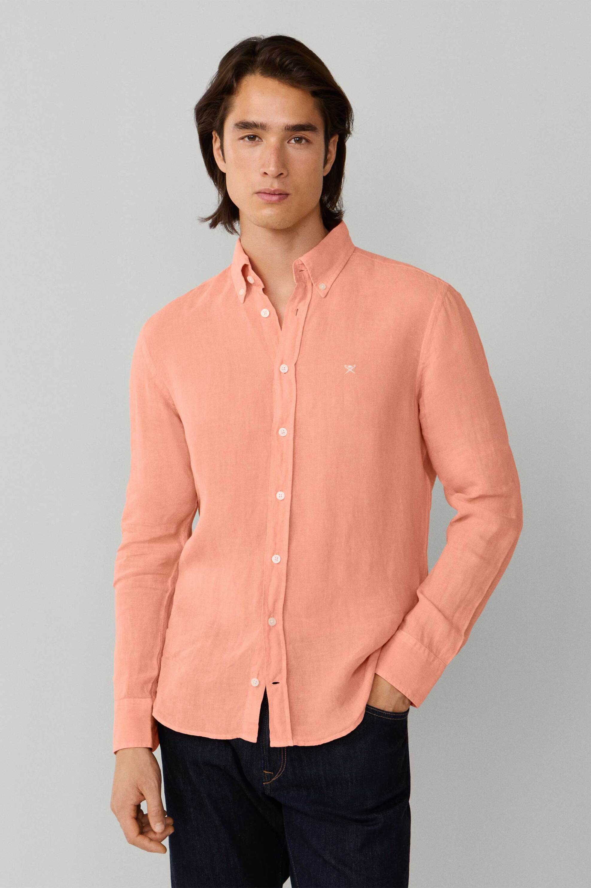 Hackett ανδρικό λινό πουκάμισο button down με κεντημένο λογότυπο Tailored Fit - HM3010635 Πορτοκαλί