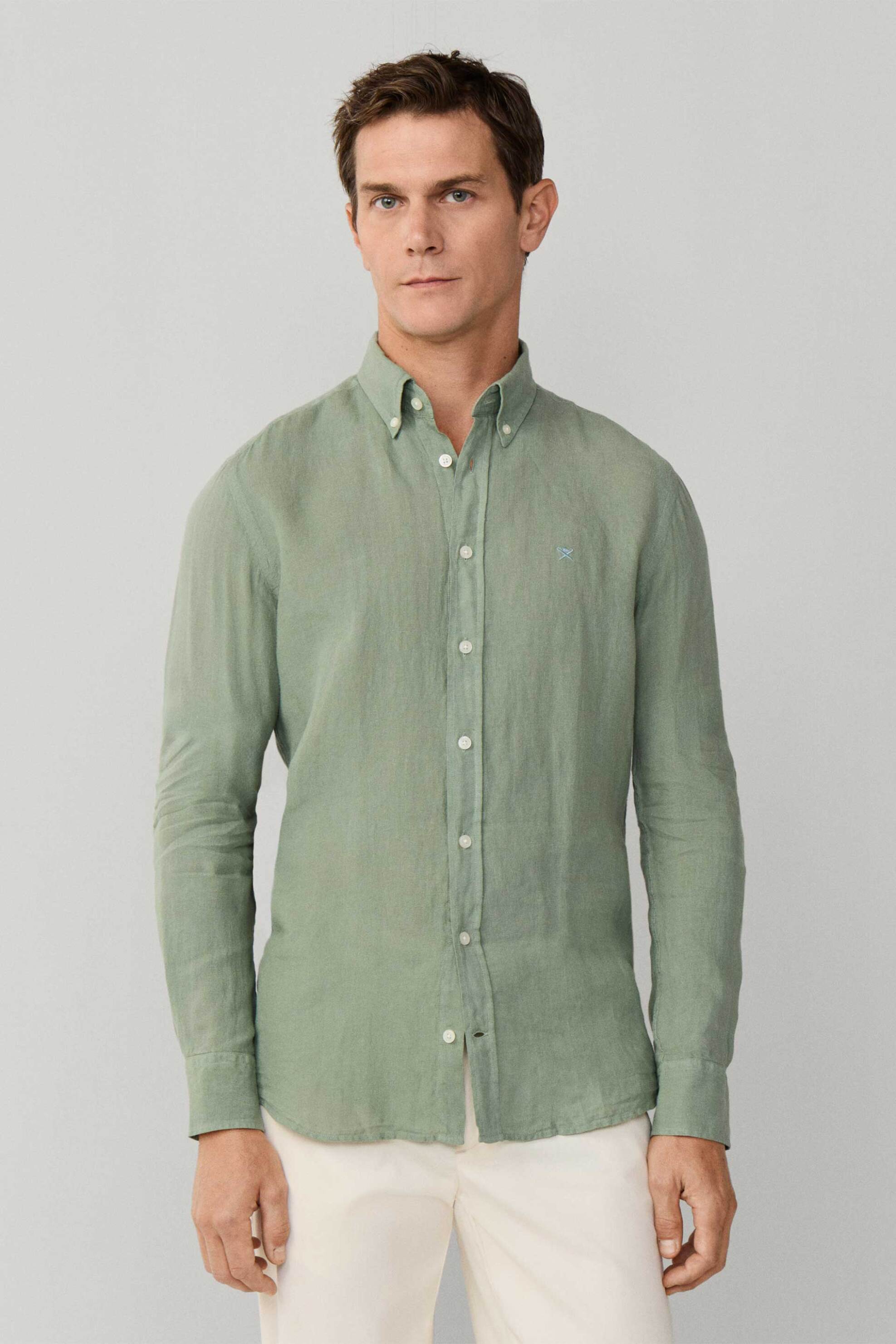 Hackett ανδρικό λινό πουκάμισο button down με κεντημένο λογότυπο Tailored Fit - HM3010635 Πράσινο Ανοιχτό