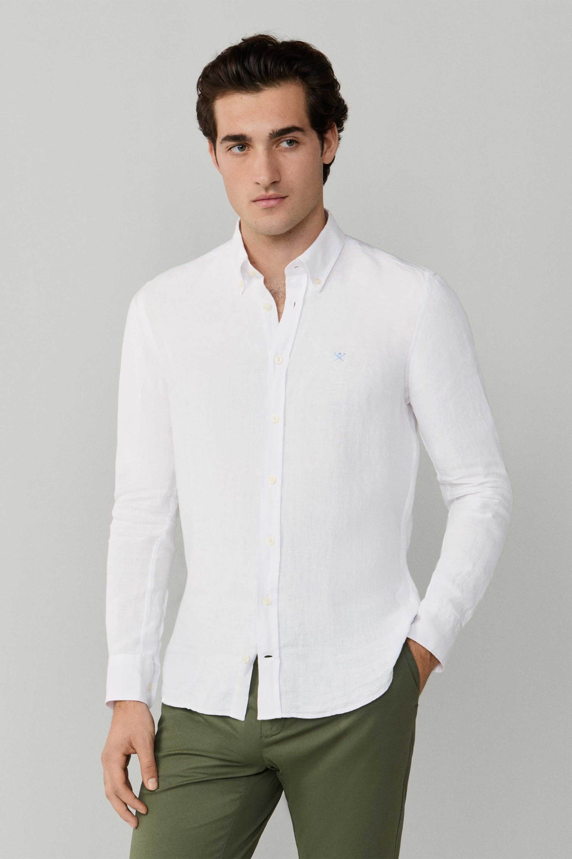 Hackett ανδρικό λινό πουκάμισο button down με κεντημένο λογότυπο Tailored Fit - HM3010635 Λευκό
