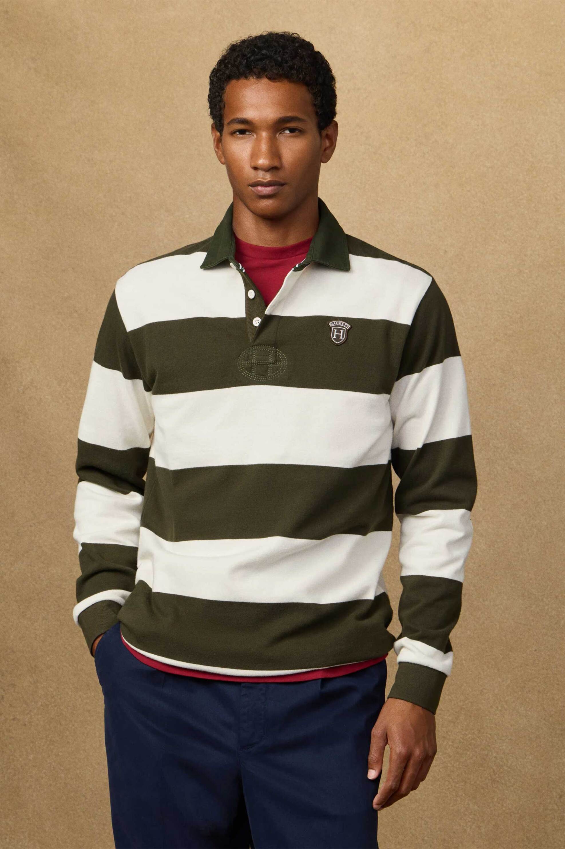 Hackett ανδρική μπλούζα πόλο με ριγέ σχέδιο και logo patch Classic Fit - HM5700009 Λευκό