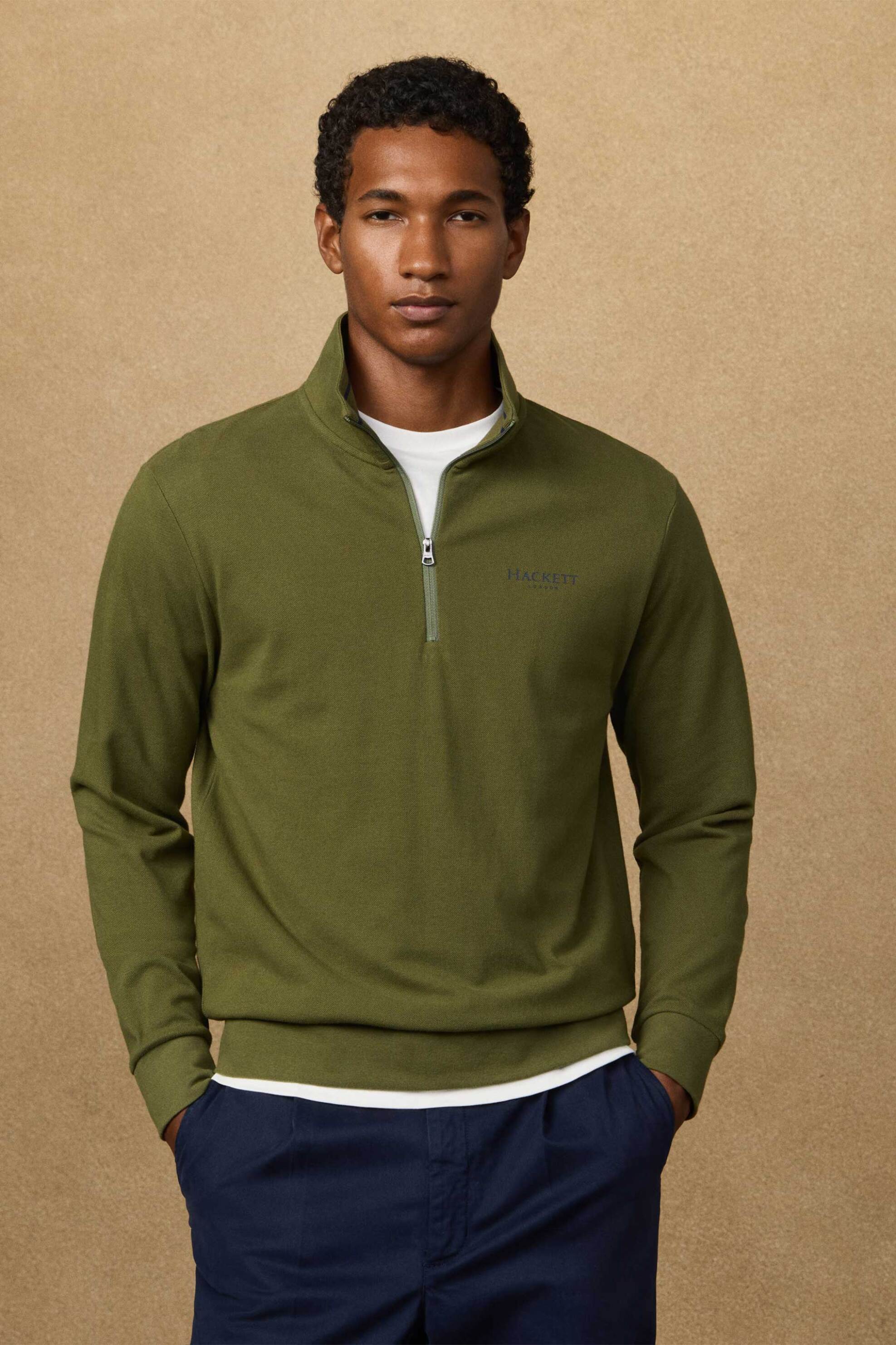 Hackett ανδρική μπλούζα φούτερ πικέ με ψηλό λαιμό και λογότυπο Classic Fit - HM5800056 Πράσινο