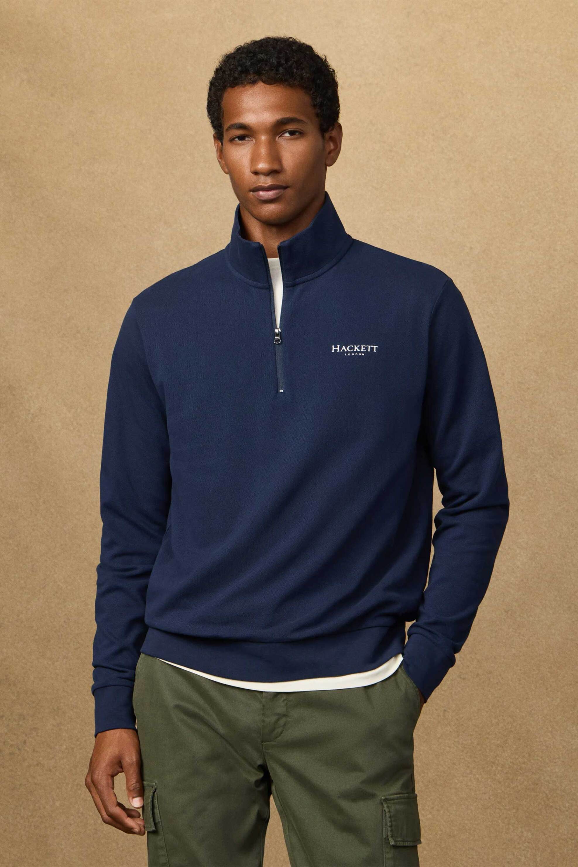 Hackett ανδρική μπλούζα φούτερ πικέ με ψηλό λαιμό και λογότυπο Classic Fit - HM5800056 Μπλε Σκούρο