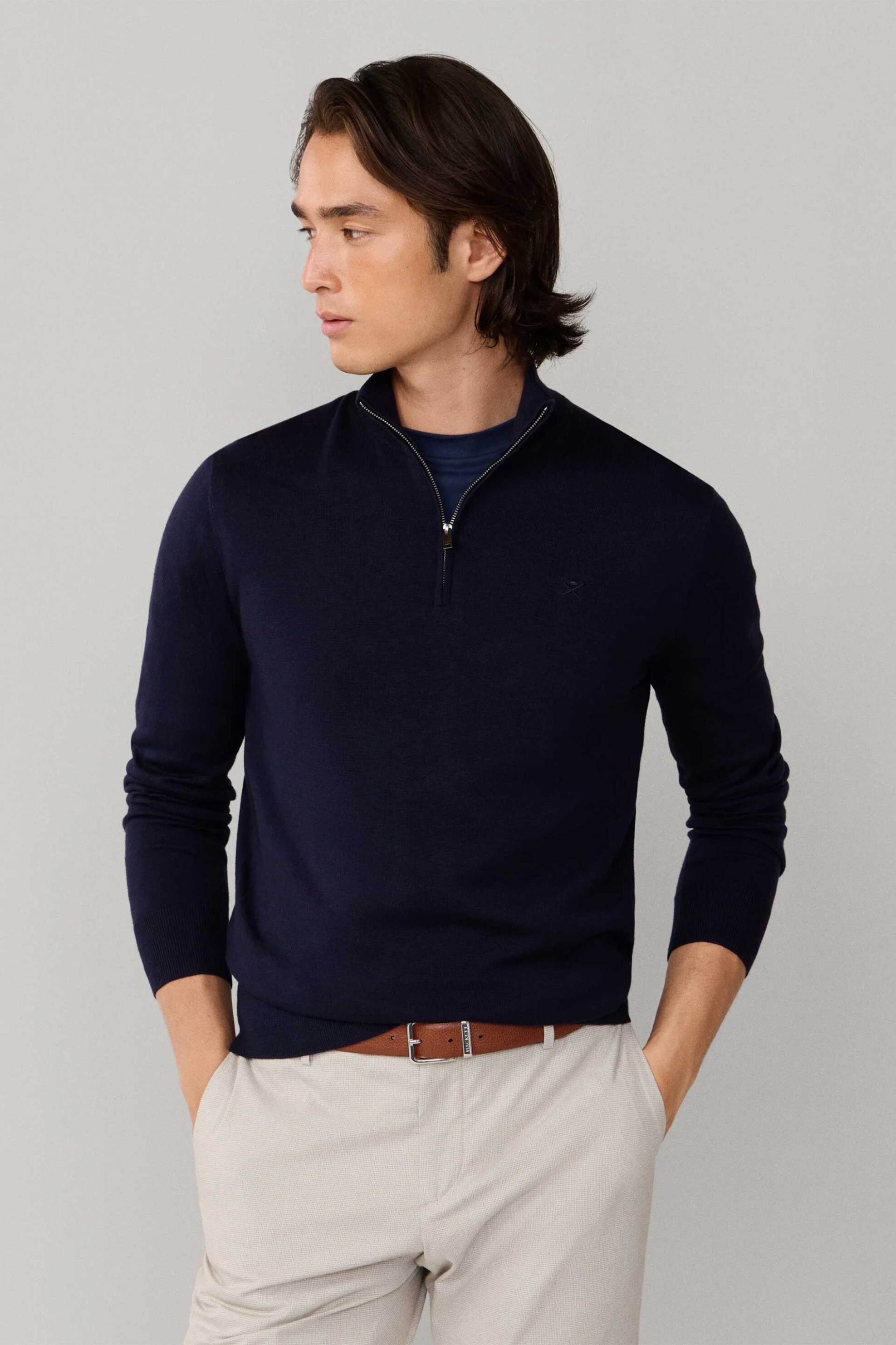 Hackett ανδρικό πουλόβερ με μετάξι, ψηλό λαιμό και κεντημένο λογότυπο Regular Fit - HM7000137 Μπλε Σκούρο