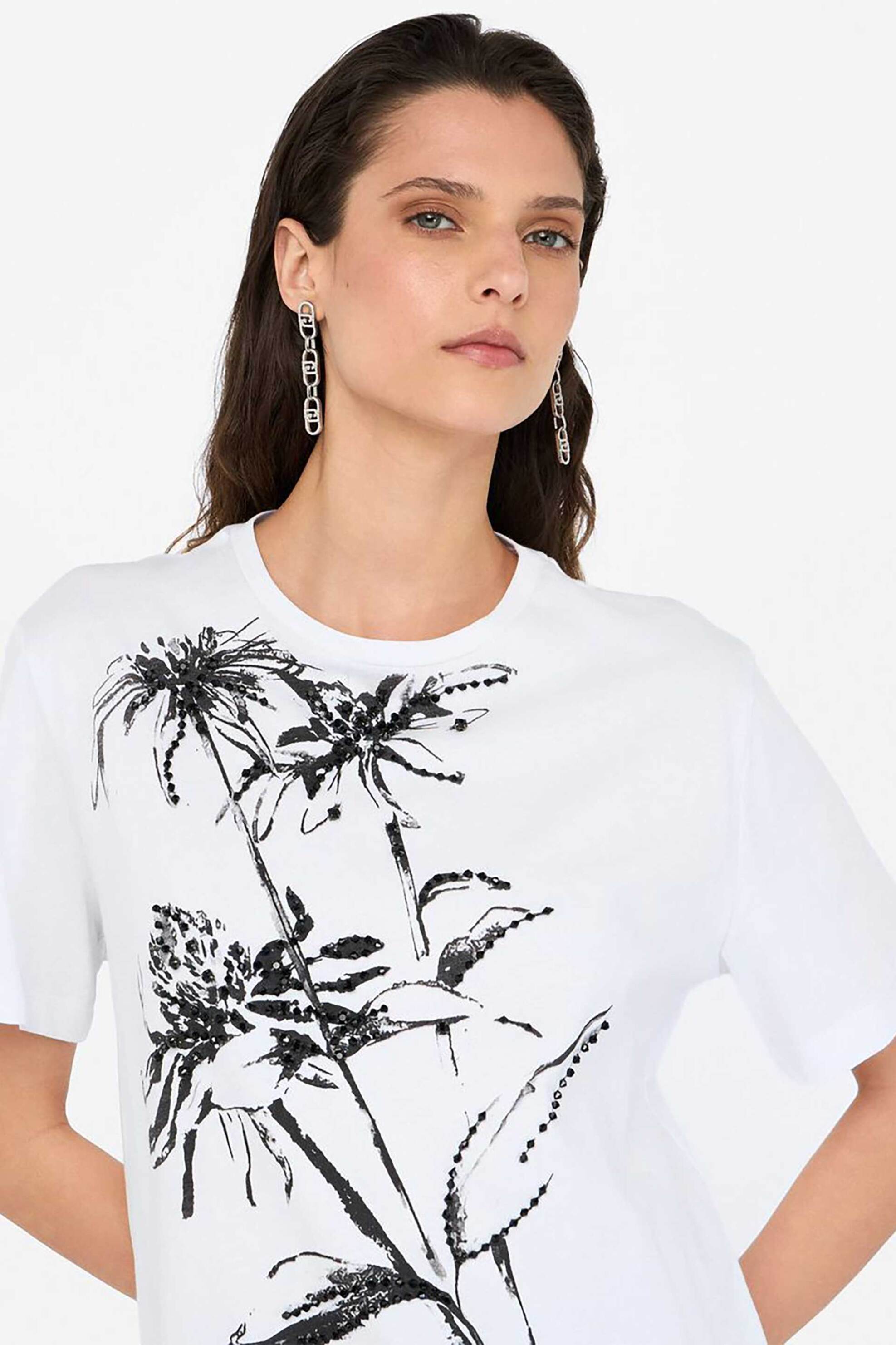 Liu Jo γυναικείο T-shirt με floral print και πέτρες - CF5382J6308 Λευκό