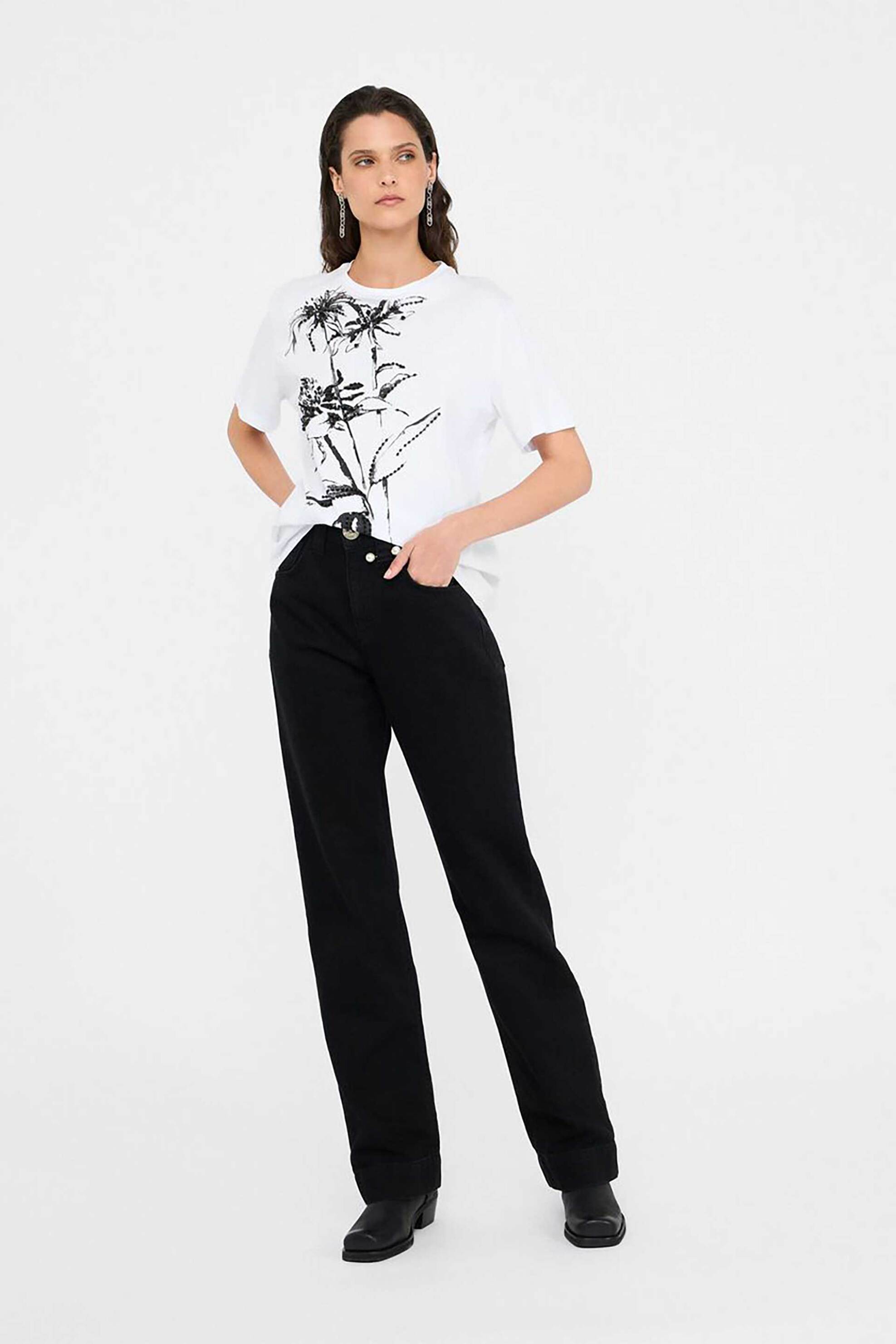 LIU JO Liu Jo γυναικείο T-shirt με floral print και πέτρες - CF5382J6308 Λευκό - 3