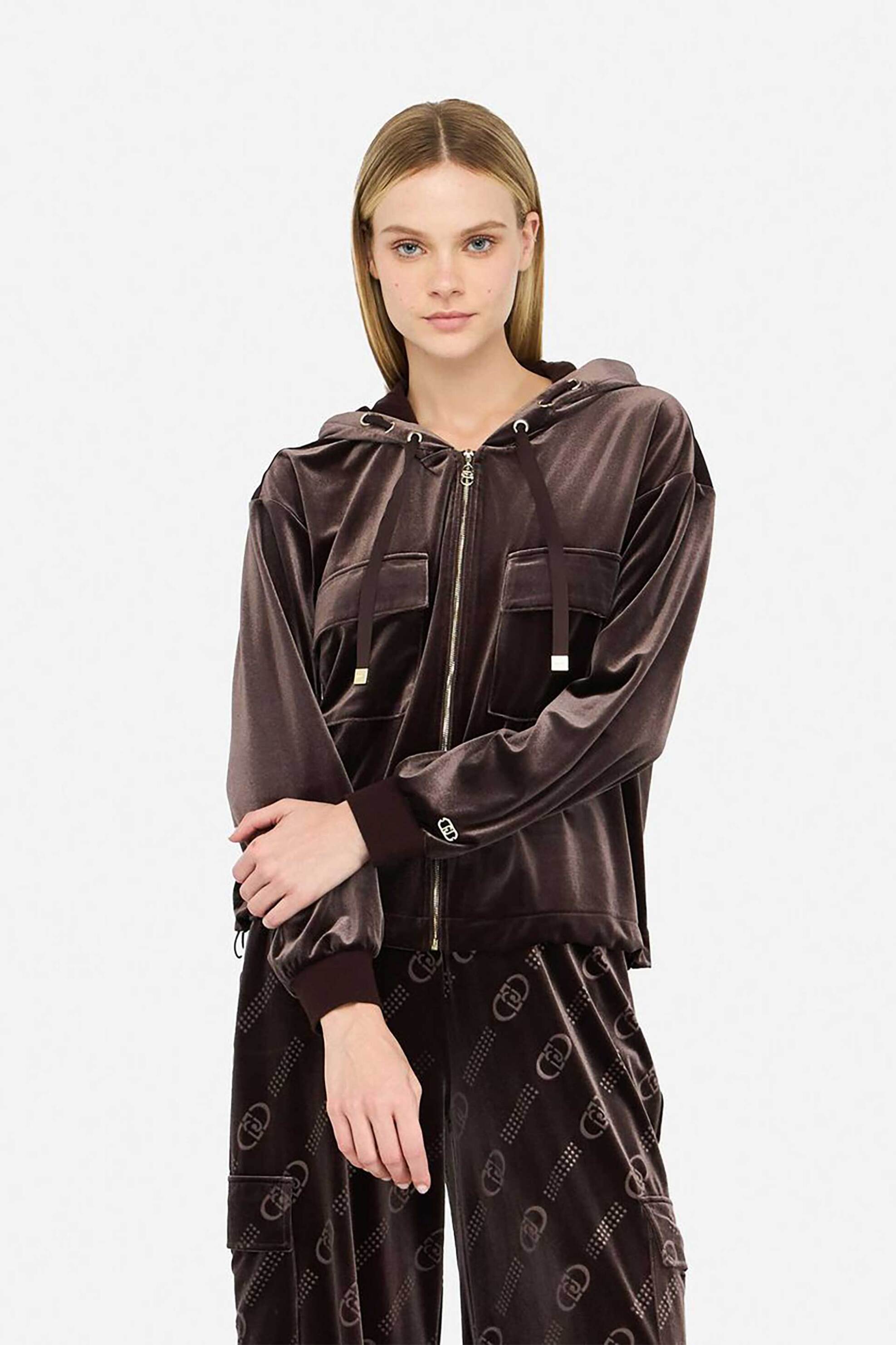 LIU JO Liu Jo γυναικεία ζακέτα φούτερ velvet με κουκούλα - TF5108J4955 Καφέ