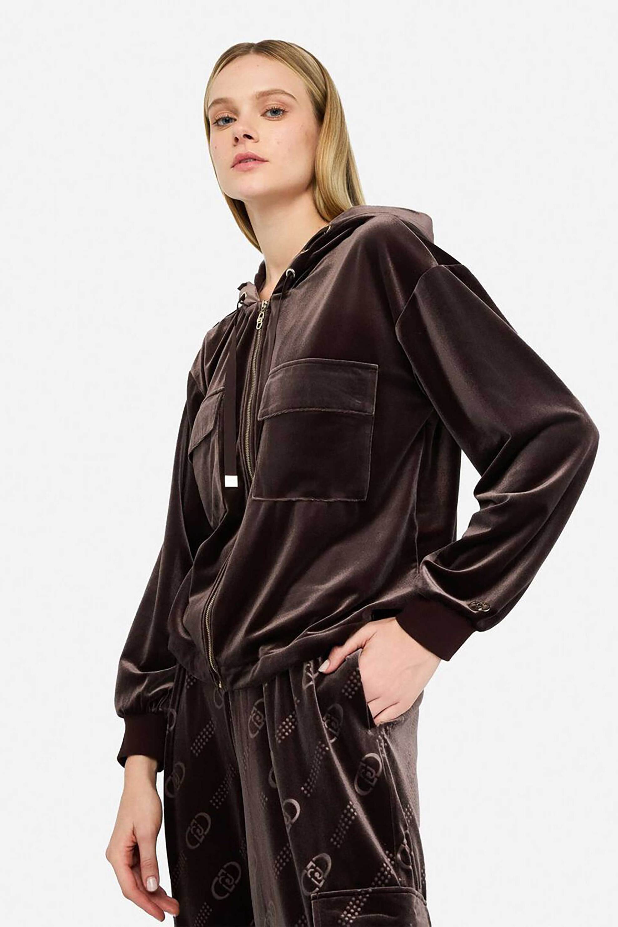 Liu Jo γυναικεία ζακέτα φούτερ velvet με κουκούλα - TF5108J4955 Καφέ φωτογραφία