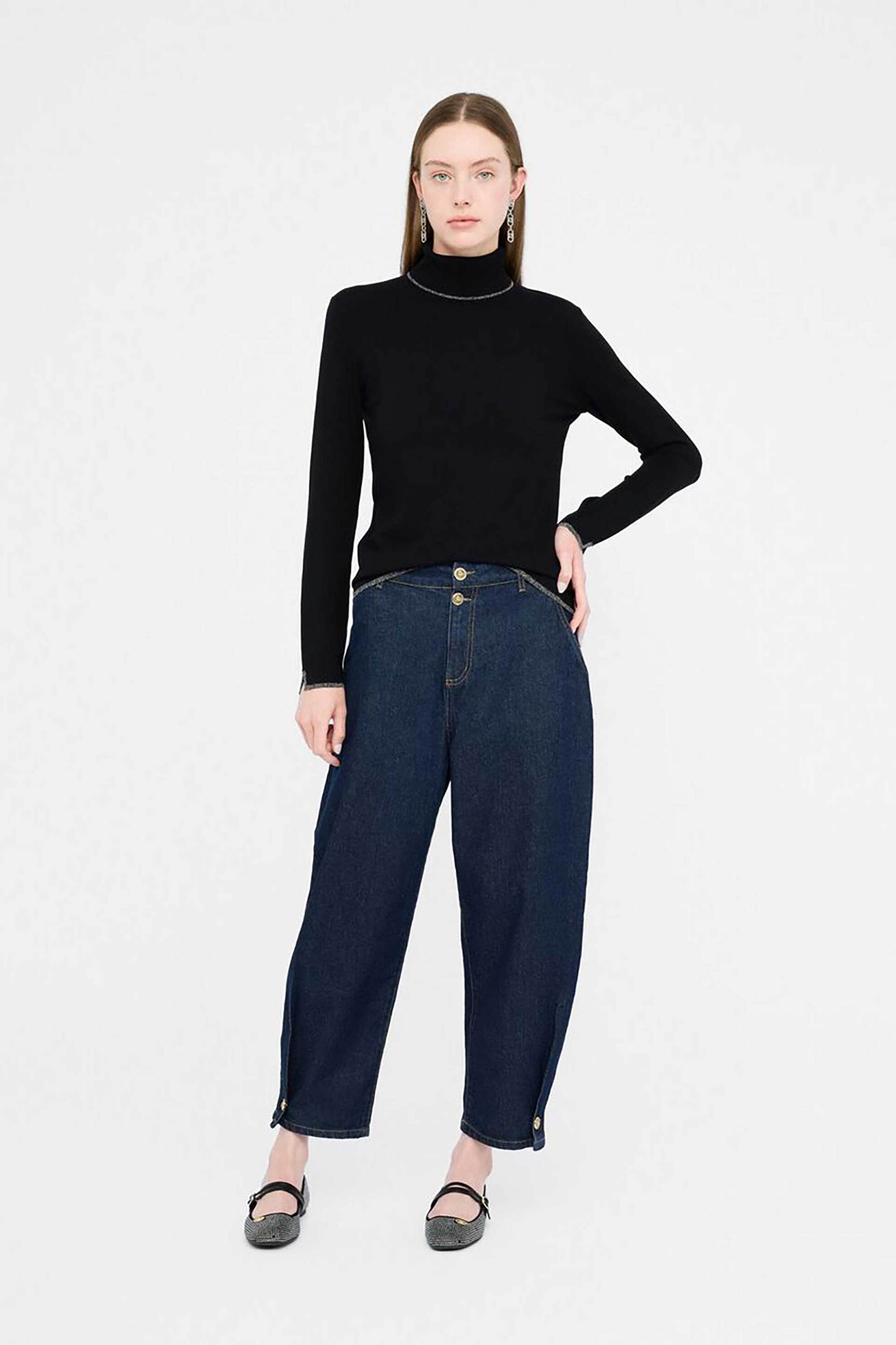 Liu Jo γυναικεία πλεκτή μπλούζα με ζιβάγκο και lurex λεπτομέρεια - MF5229MS49I Μαύρο φωτογραφία