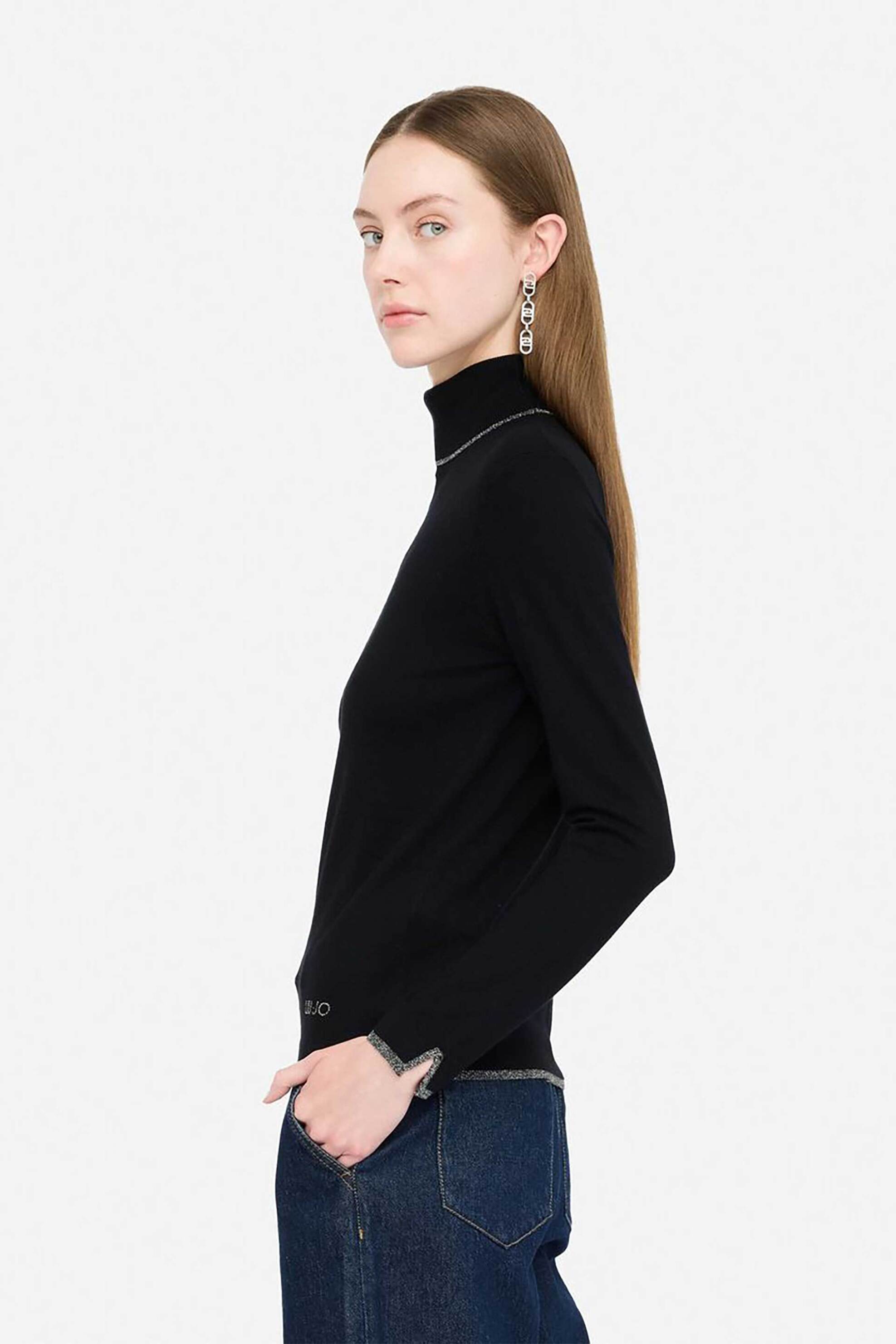 Liu Jo γυναικεία πλεκτή μπλούζα με ζιβάγκο και lurex λεπτομέρεια - MF5229MS49I Μαύρο φωτογραφία