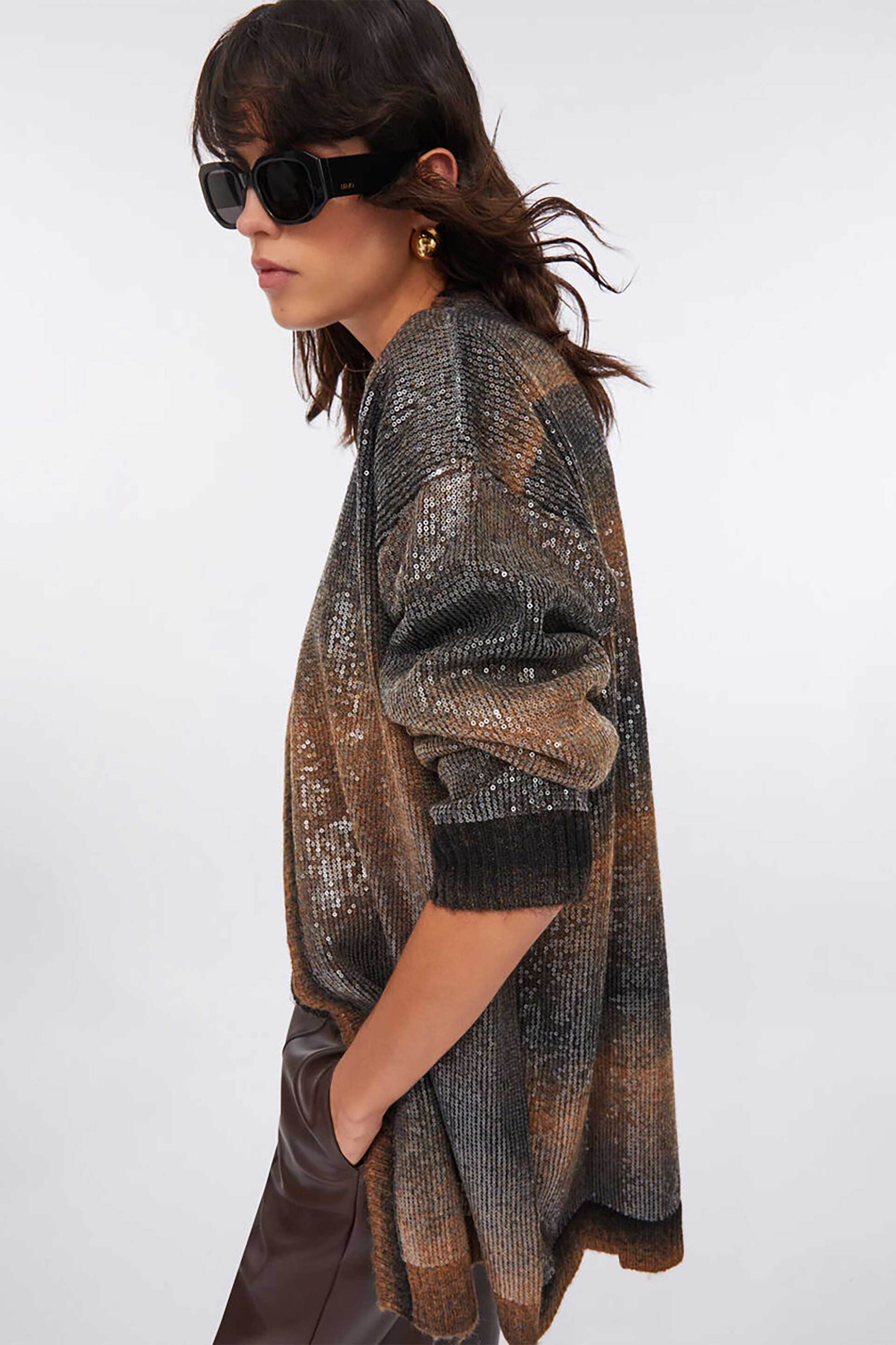 Liu Jo γυναικεία πλεκτή ζακέτα με παγιέτα - MF5248MA14R Γκρι φωτογραφία