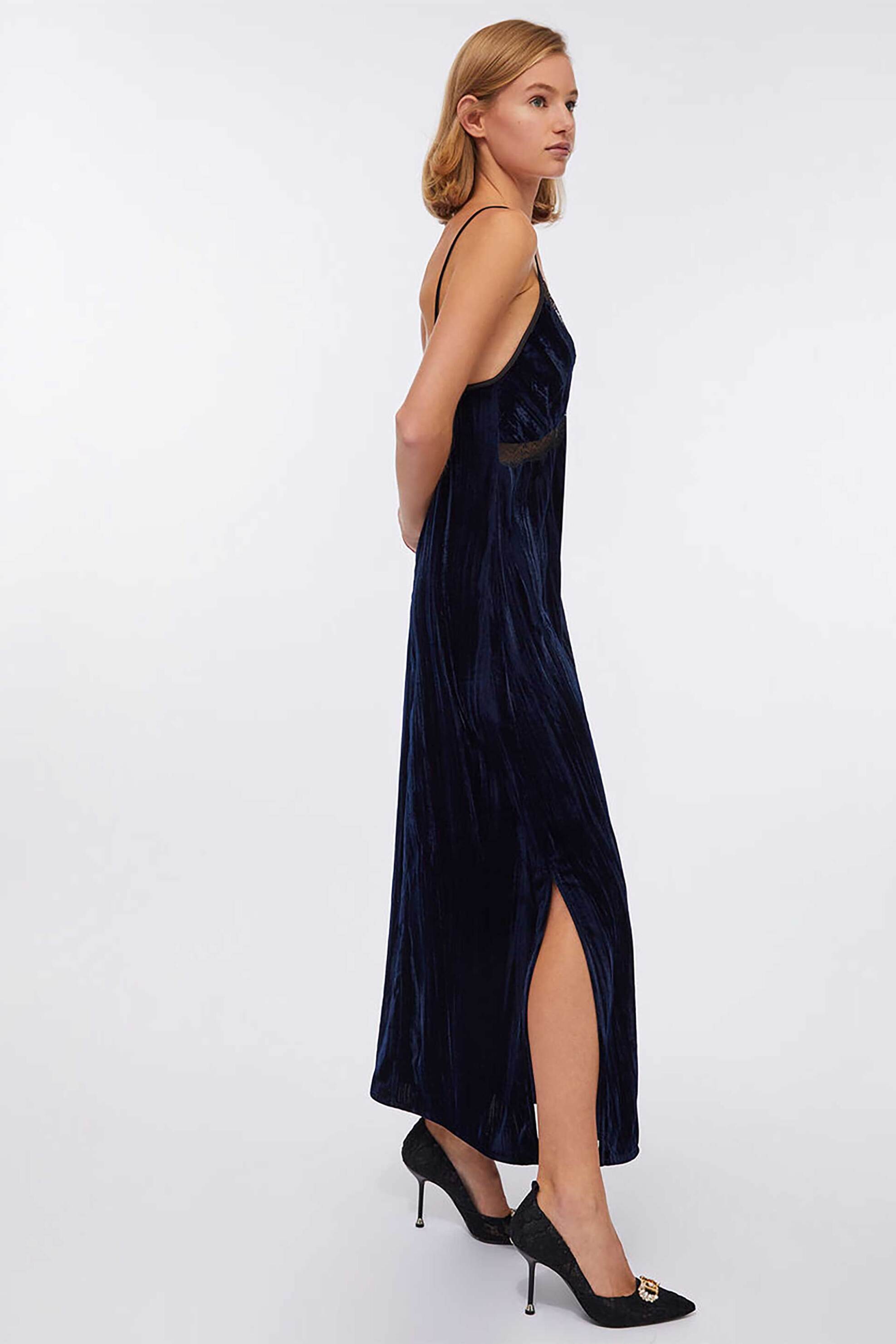 LIU JO Liu Jo γυναικείo maxi φόρεμα velvet με δαντέλα - CF5405T094A Μπλε Σκούρο - 3