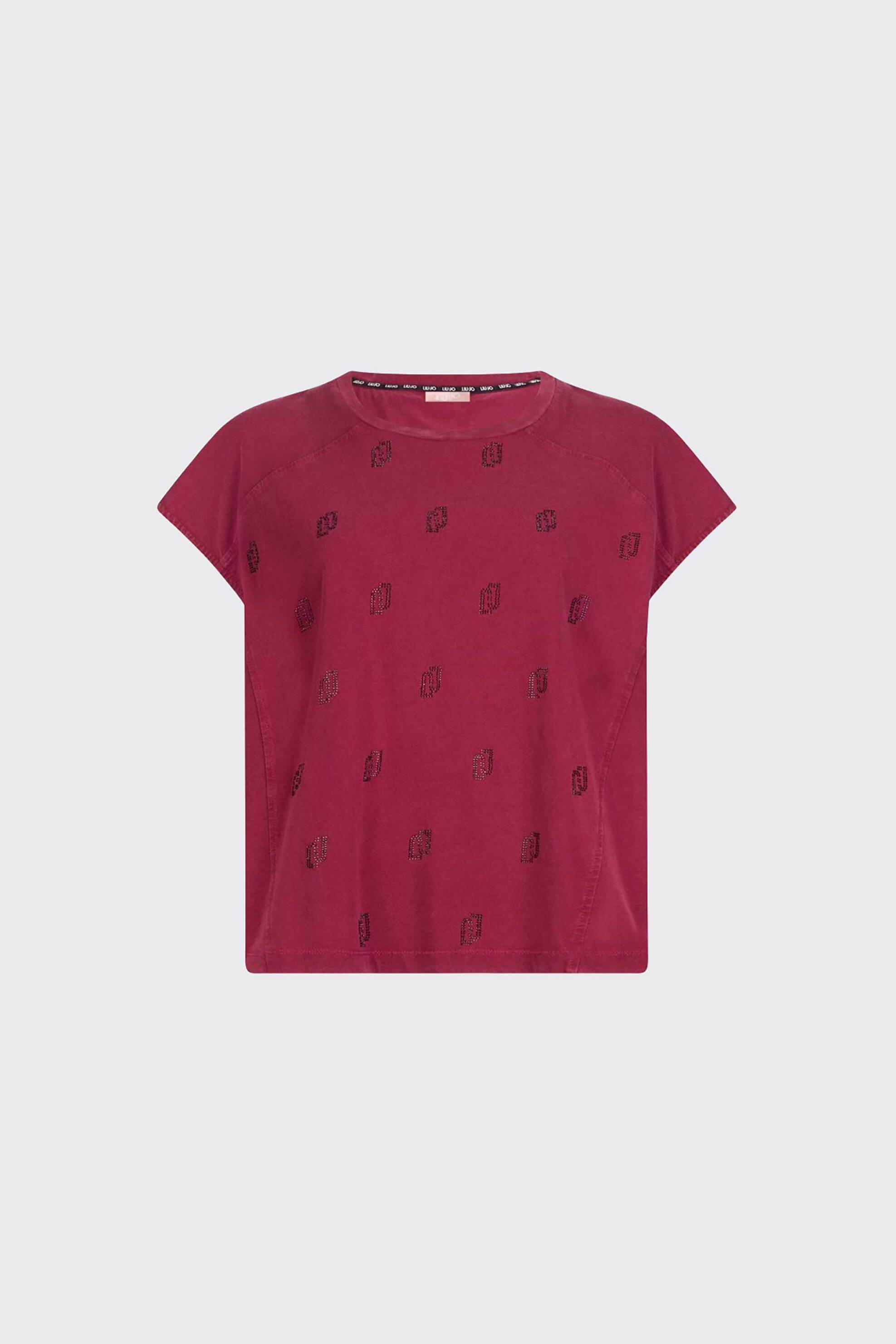 Liu Jo Γυναικείο T-Shirt με Στρας Regular Fit - Ta6168Js923 Μπορντό