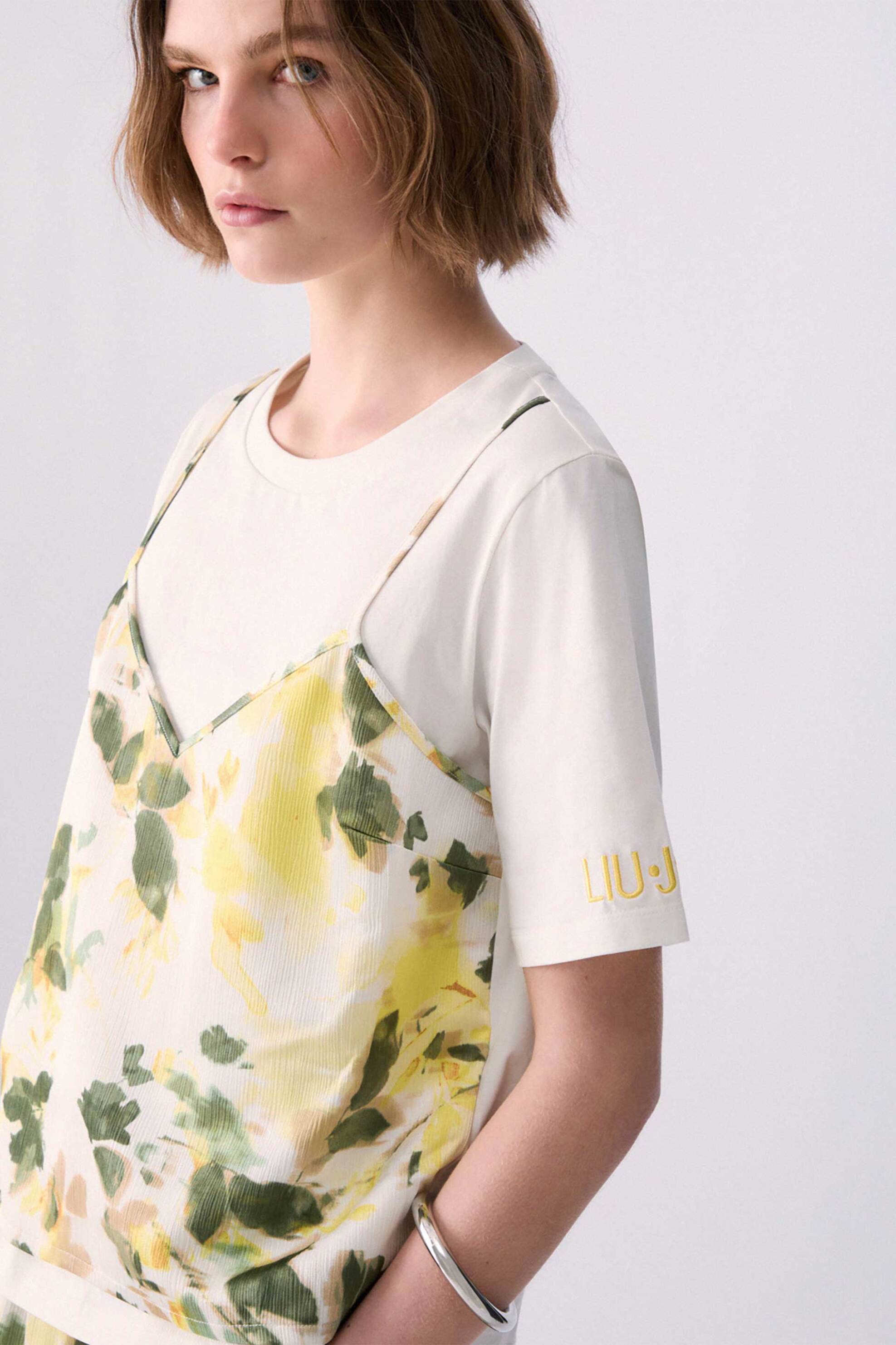 Liu Jo γυναικείο T-shirt με logo print και σατέν τοπ Relaxed Fit - TA6261JS923 Λευκό φωτογραφία