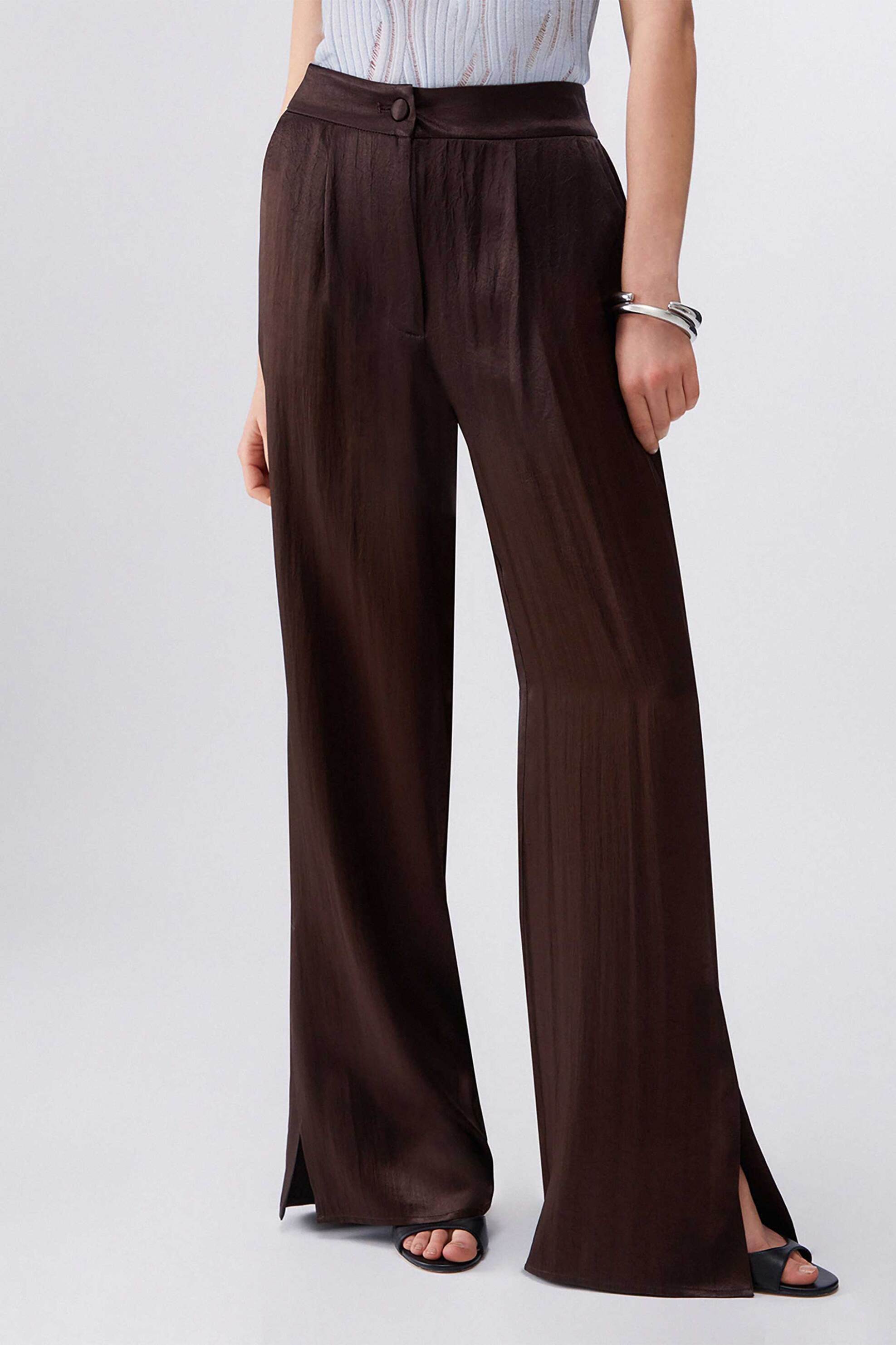 Liu Jo γυναικείo παντελόνι με σατέν υφή Wide Leg - CA6147T450A Καφέ