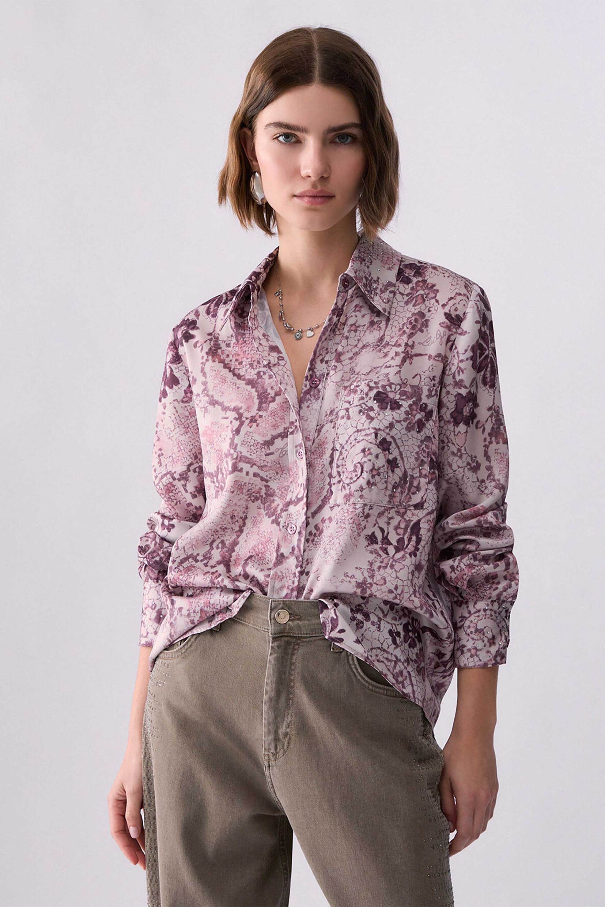 LIU JO Liu Jo γυναικείο πουκάμισο με all-over print Oversized Fit - WF6198TS531 Μπορντό