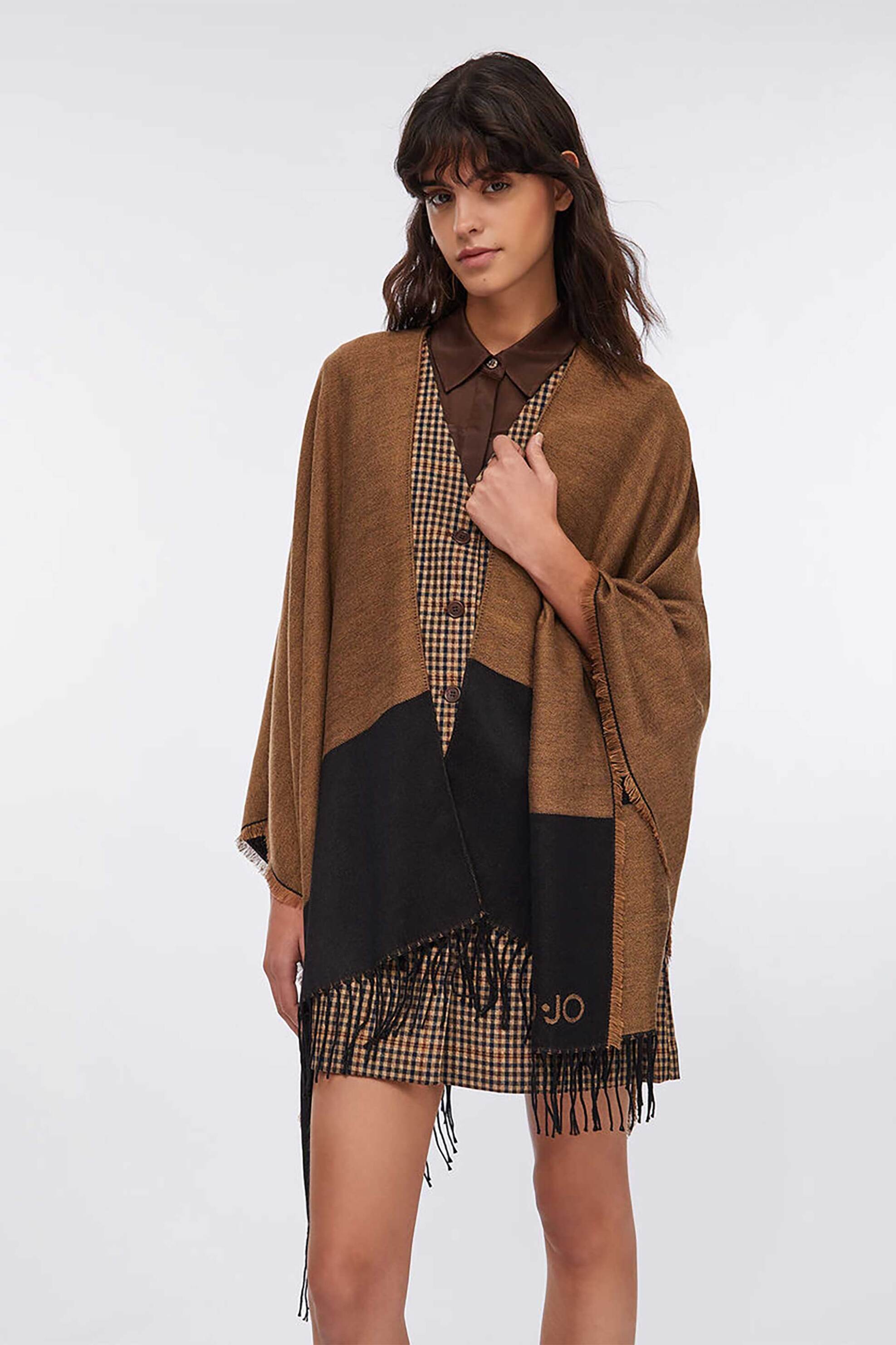 LIU JO Liu Jo γυναικείο poncho με λογότυπο και κρόσσια - 2F5031T0300 Ταμπά