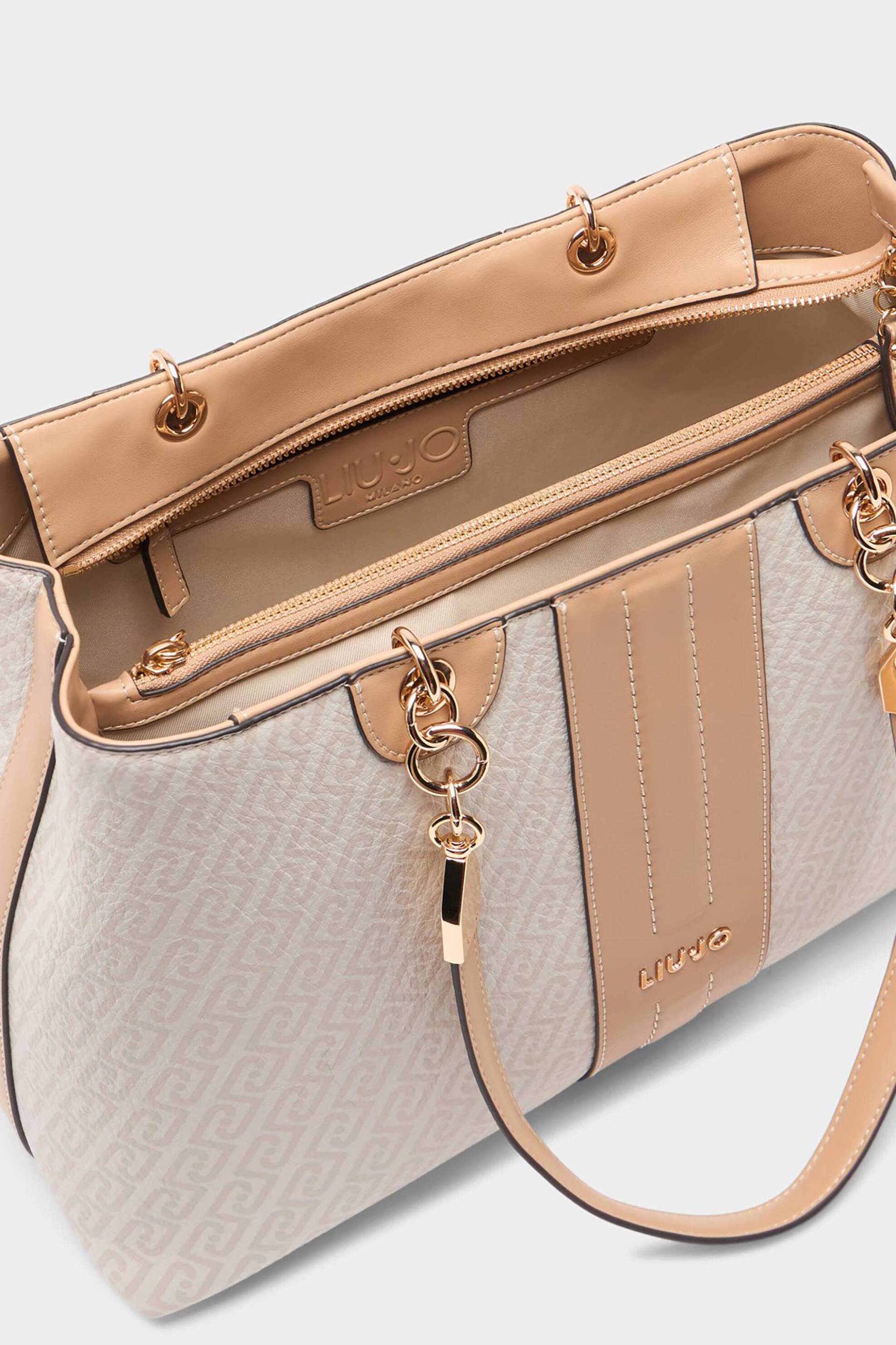 Liu Jo Γυναικεία Τσάντα Tote με Λογότυπο Και All-Over Logo Print - Aa6104E1118 Μπεζ