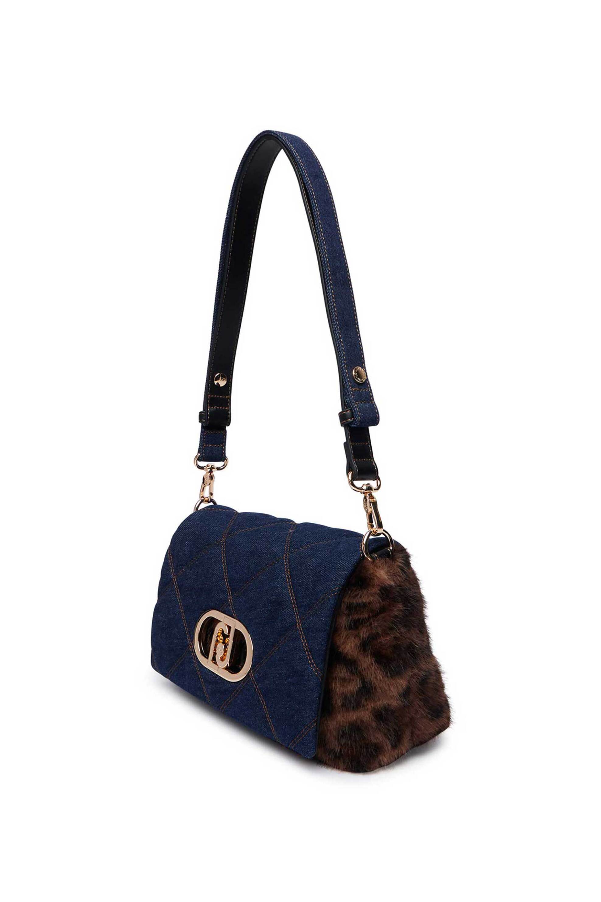 Liu Jo γυναικεία τσάντα ώμου denim με faux γούνα animal - AF6148E1164 Denim Blue