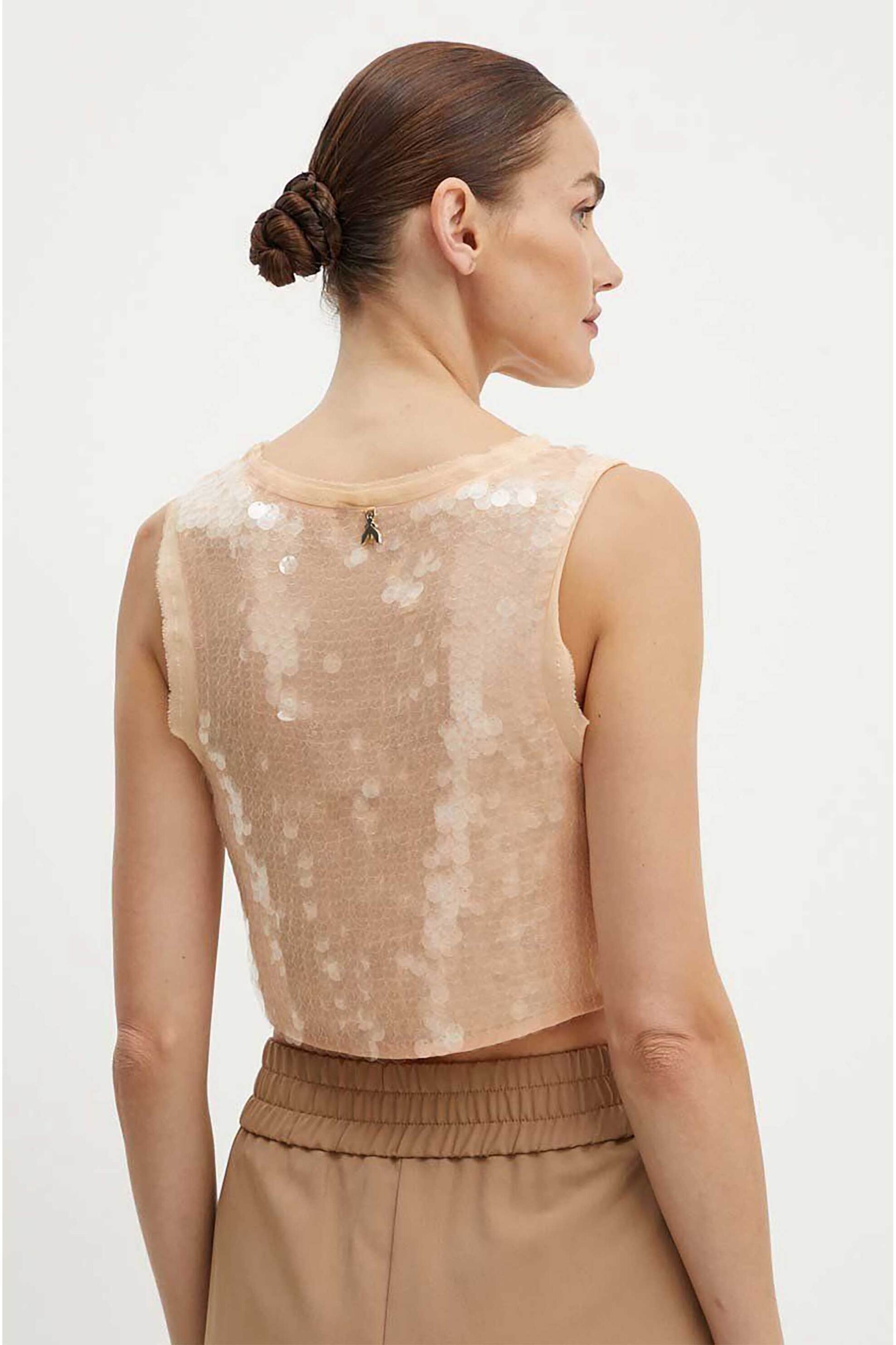 Patrizia Pepe γυναικεία μπλούζα cropped με παγιέτα και μεταλλικό λογότυπο - 8C0713A455 Ροζ Ανοιχτό φωτογραφία