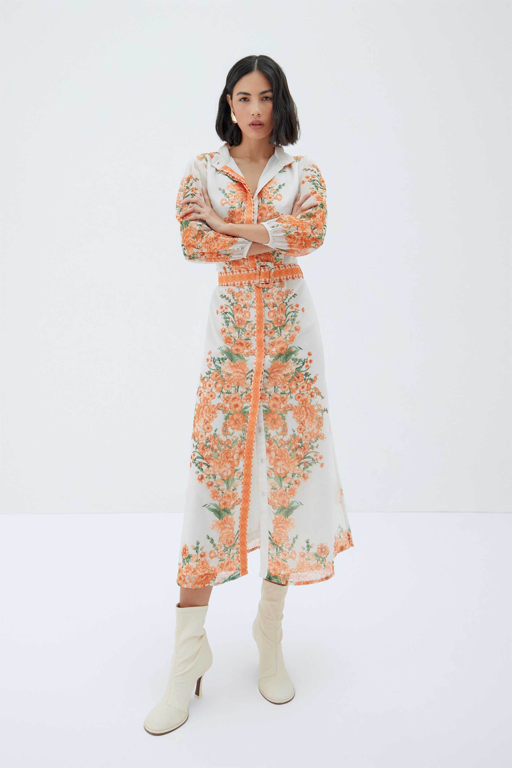 RAISHMA Raishma γυναικείο φόρεμα midi με floral print "Rose" - RS23OR Πορτοκαλί