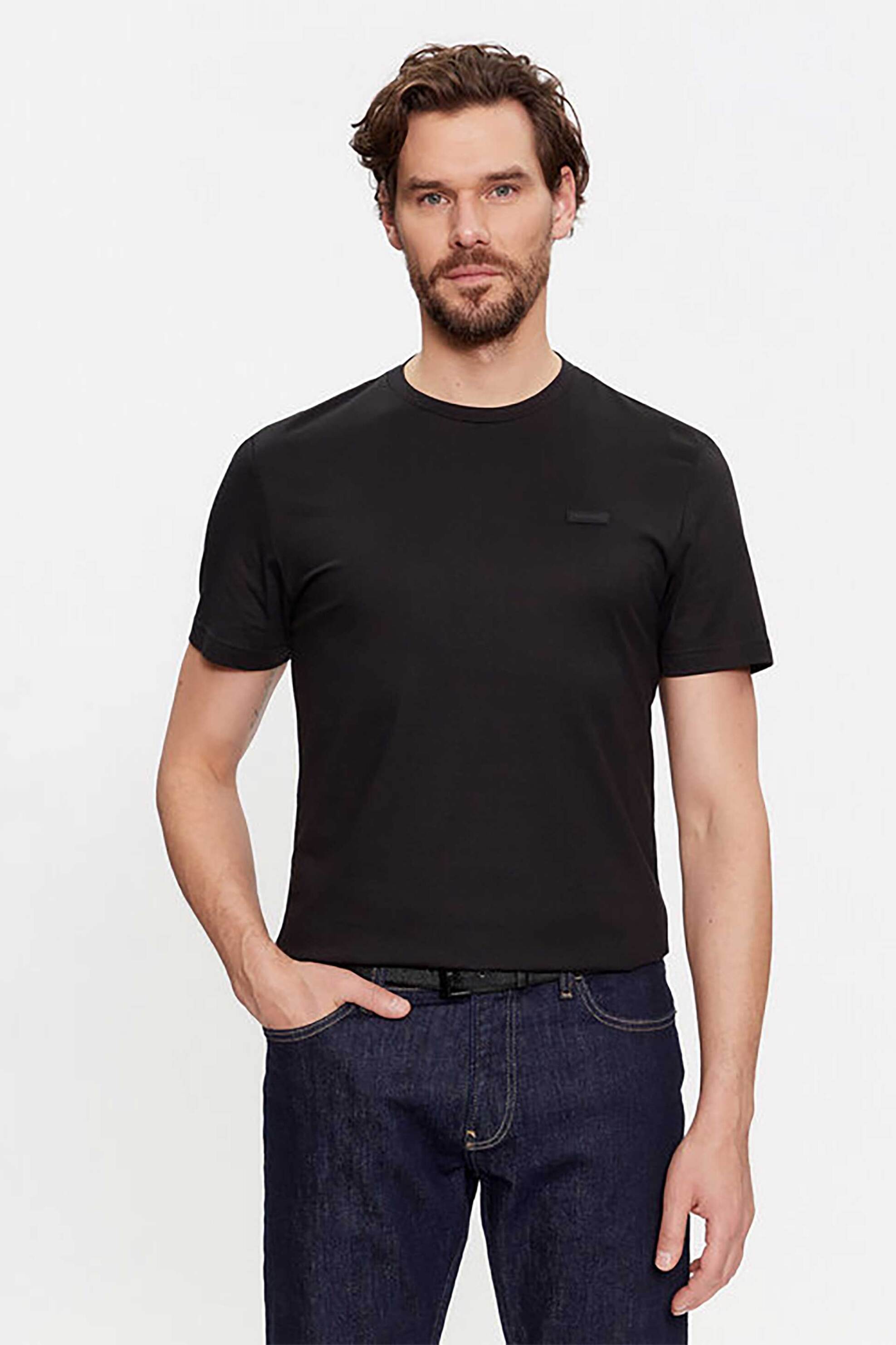 Calvin Klein ανδρικό T-shirt μονόχρωμο με κεντημένο monogram Regular Fit - K10K112229 Μαύρο φωτογραφία