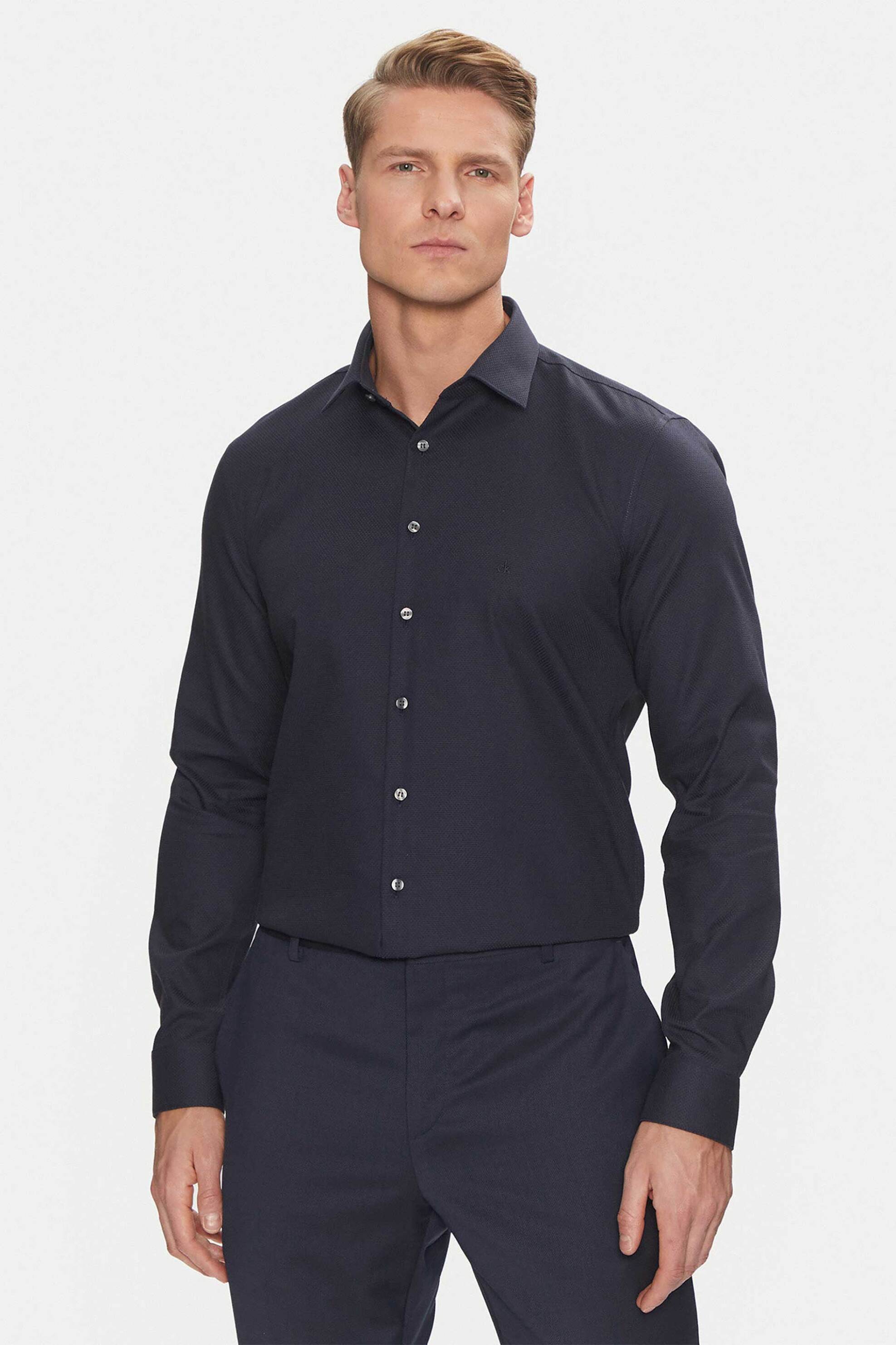 Calvin Klein ανδρικό πουκάμισο structured με κεντημένο monogram Slim Fit - K10K113848 Μπλε Σκούρο
