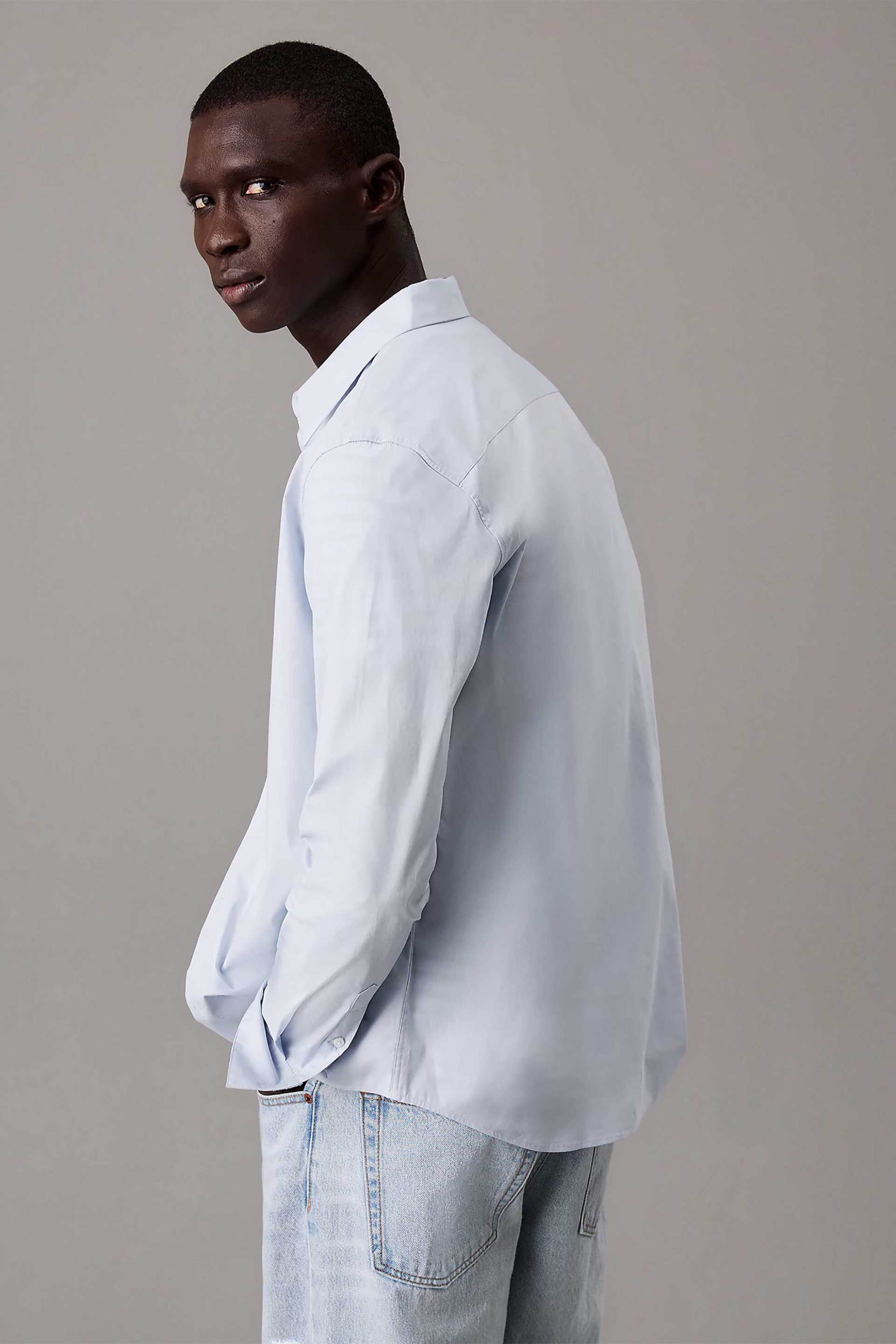 Calvin Klein Ανδρικό Πουκάμισο Μονόχρωμο με Κεντημένο Monogram Slim Fit - Lv04Lb145G Σιελ