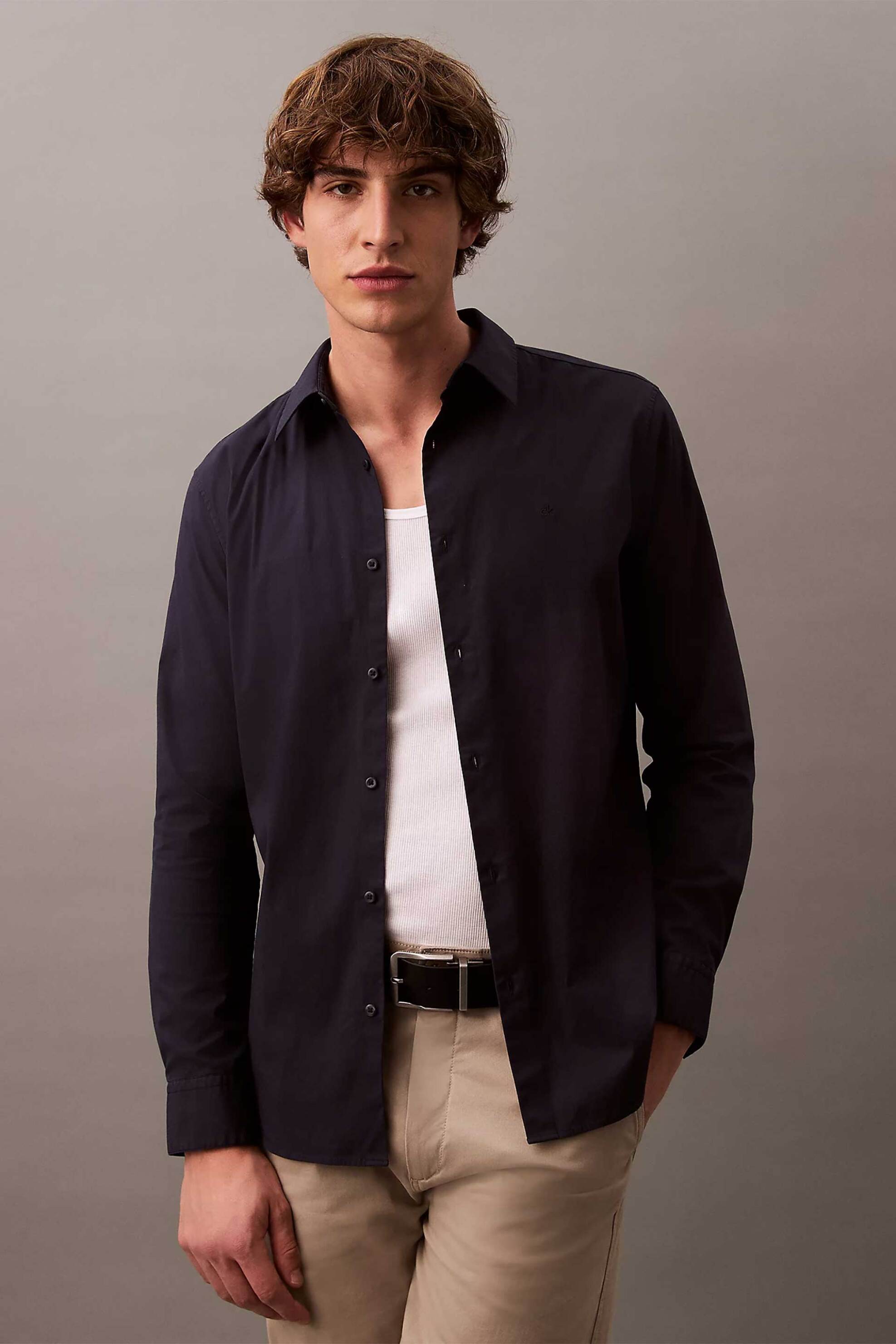 Calvin Klein ανδρικό πουκάμισο μονόχρωμο με κεντημένο monogram Slim Fit - LV04LB145G Μπλε Σκούρο