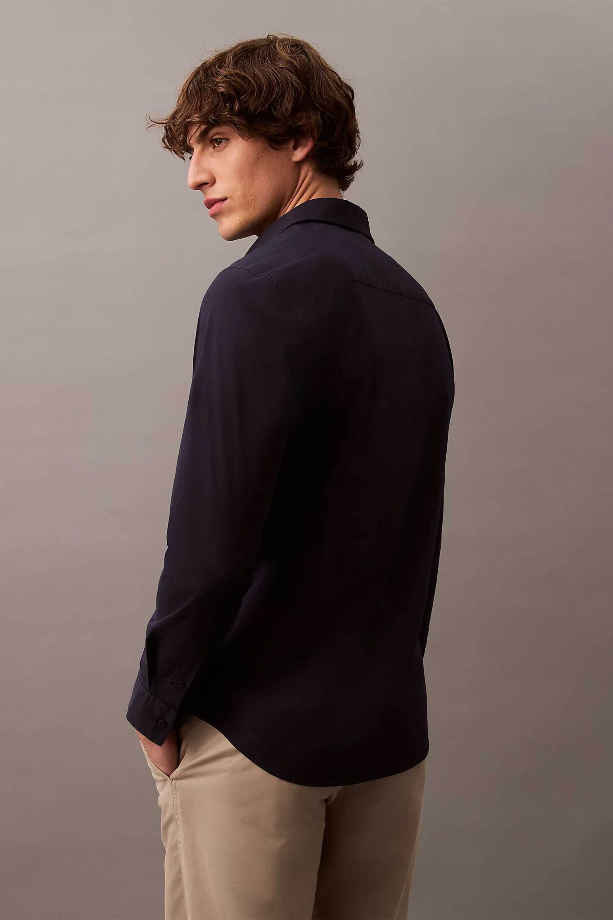 Calvin Klein Ανδρικό Πουκάμισο Μονόχρωμο με Κεντημένο Monogram Slim Fit - Lv04Lb145G Μπλε Σκούρο