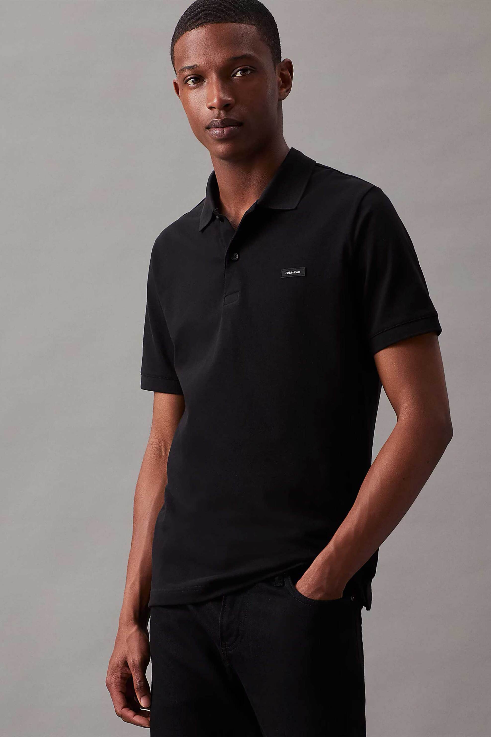 Calvin Klein ανδρική μπλούζα πόλο πικέ κοντομάνικη με logo patch Slim Fit - K10K111196 Μαύρο